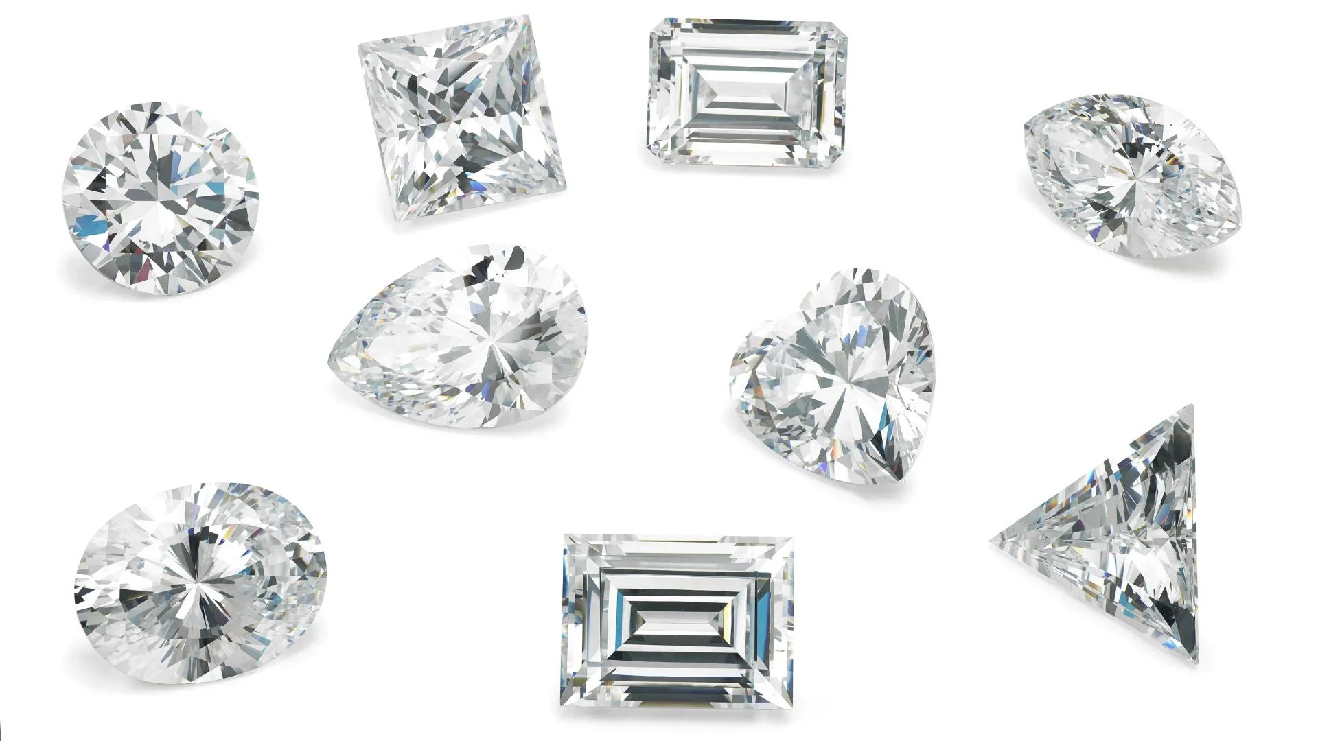 Assorted loose gemstones in various shapes, brilliant cut, on white background