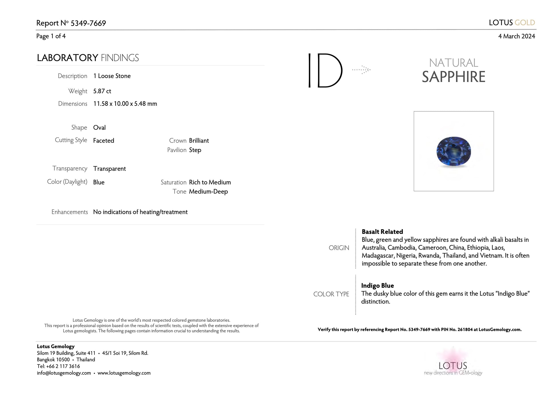 5.87 ct Blue (Indigo) Sapphire – Oval Cut – Untreated – Basalt Related