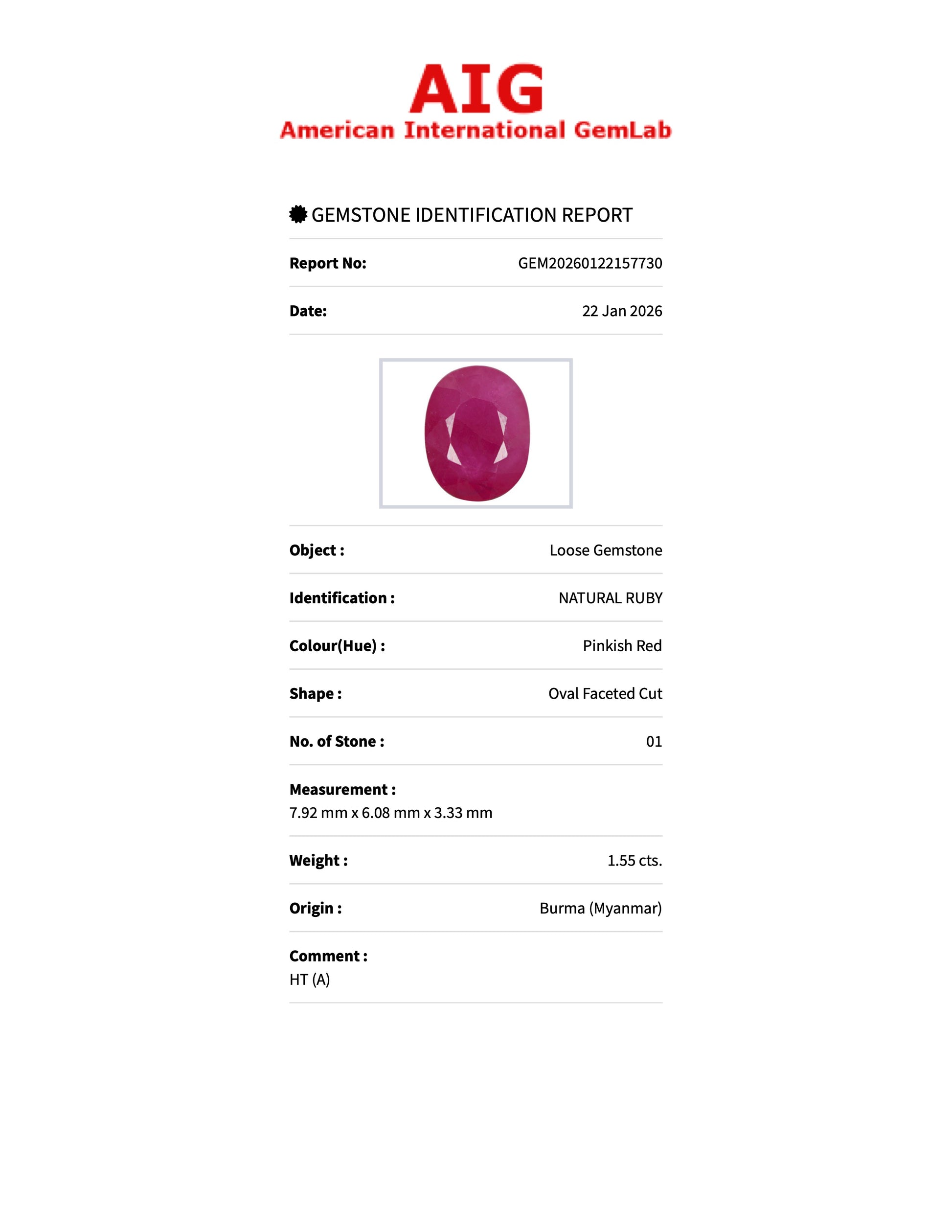 1.55 ct Natural Ruby Pinkish Red Heated – Oval Cut – Burma – AIG Certified
