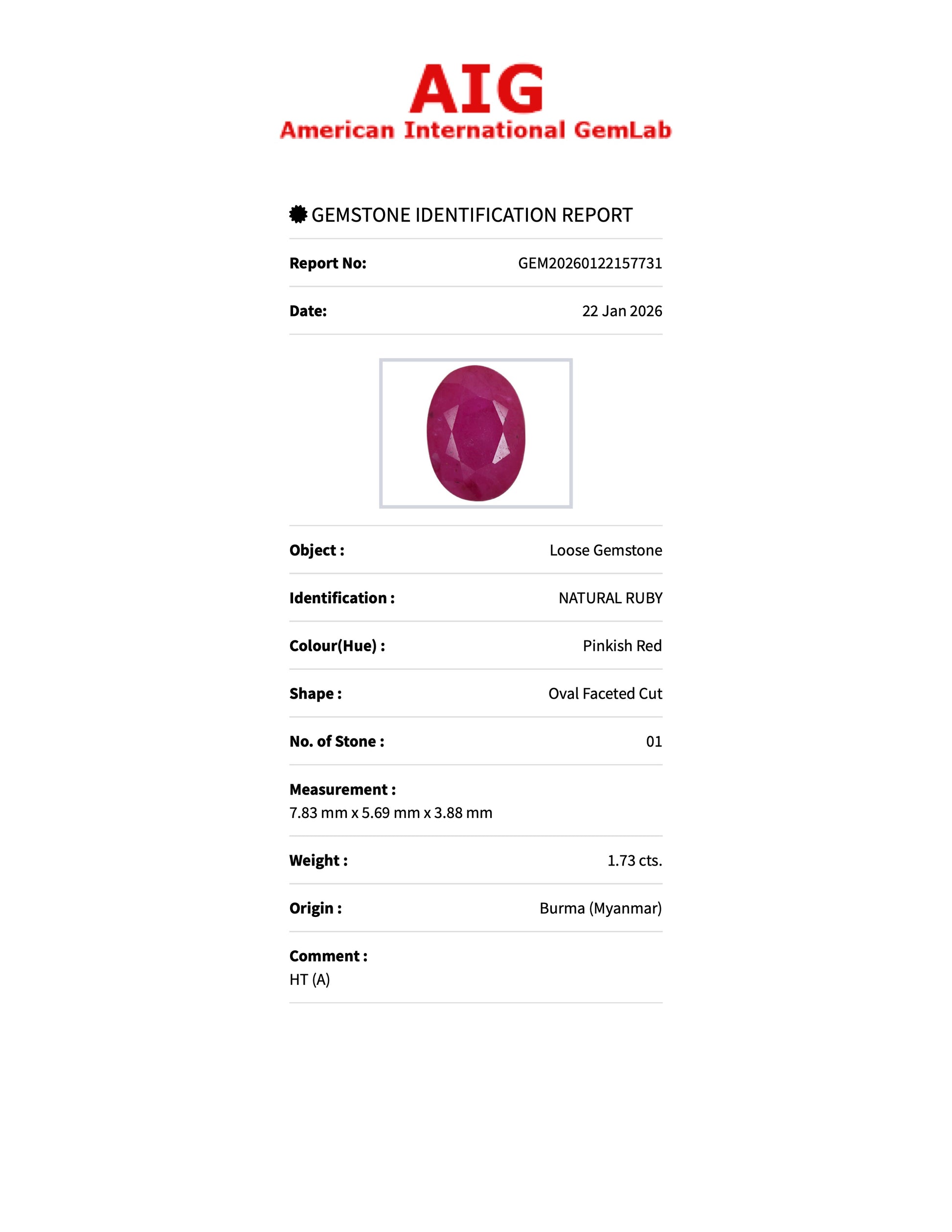 AIG Certified 1.73 ct Natural Heated Pinkish Red Ruby – Oval Cut – Burma