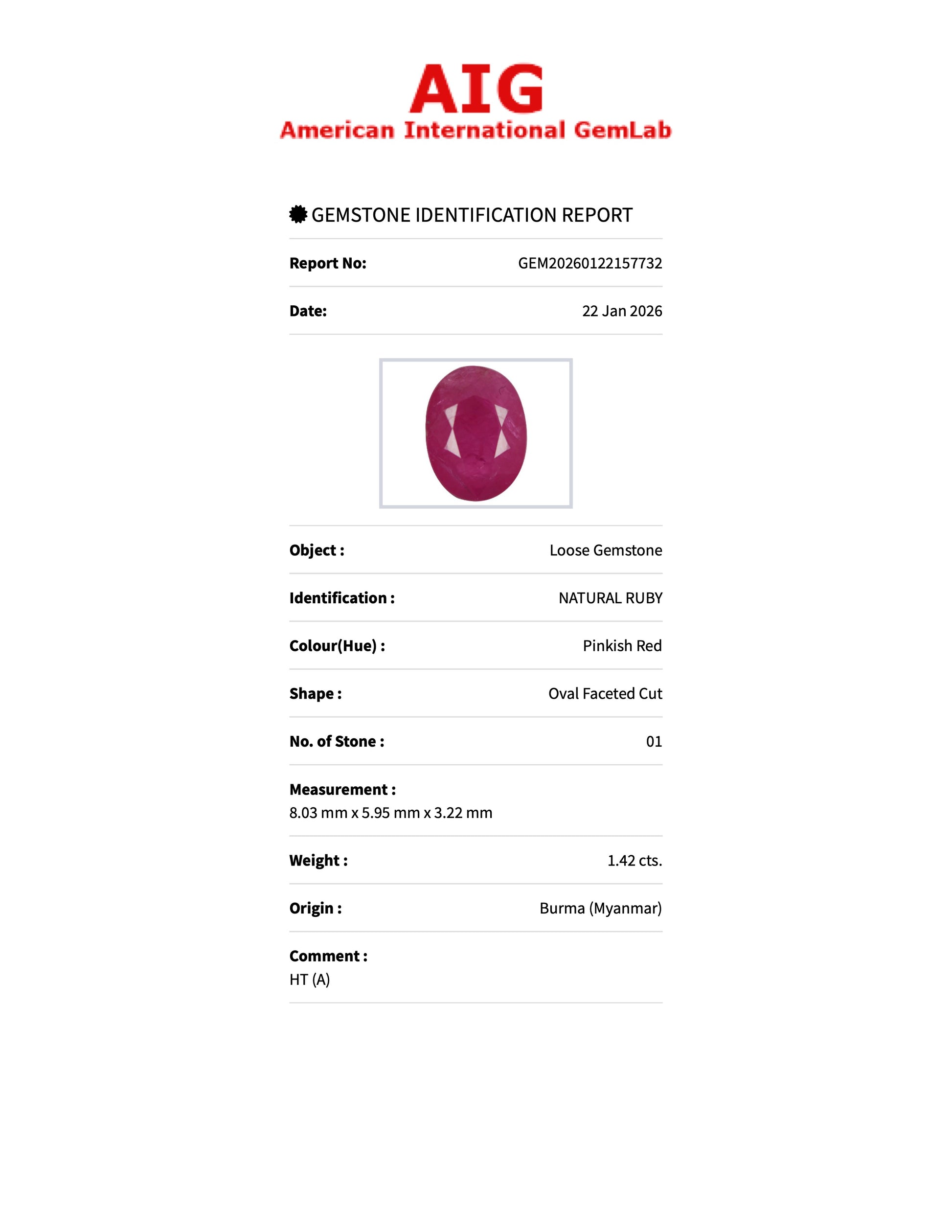 1.42 ct Natural Ruby Pinkish Red Heated – Oval Cut – Burma – AIG Certified