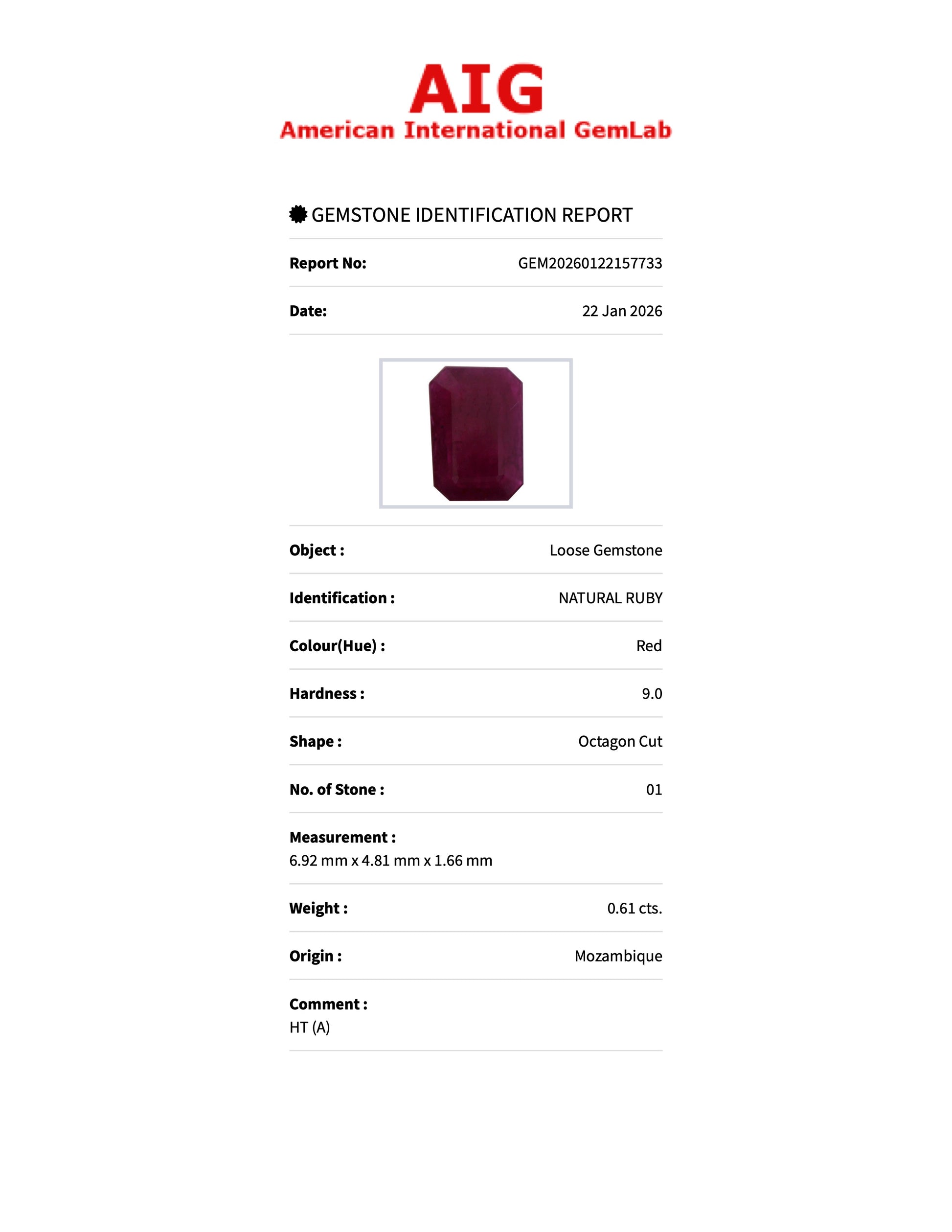 0.61 ct Natural Ruby Red Heated – Emerald Cut – Mozambique – AIG Certified