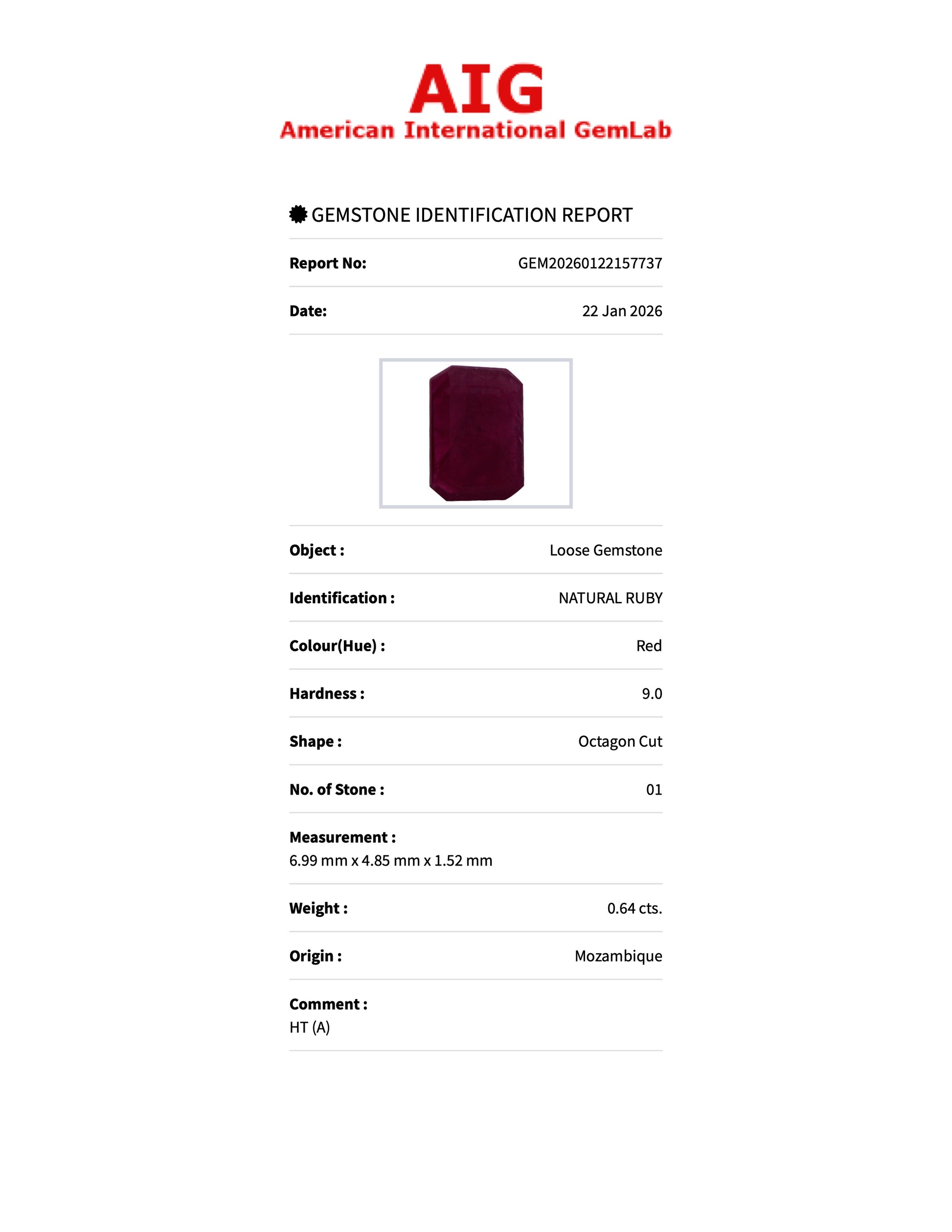 0.64 ct Natural Ruby Red Heated – Emerald Cut – Mozambique – AIG Certified