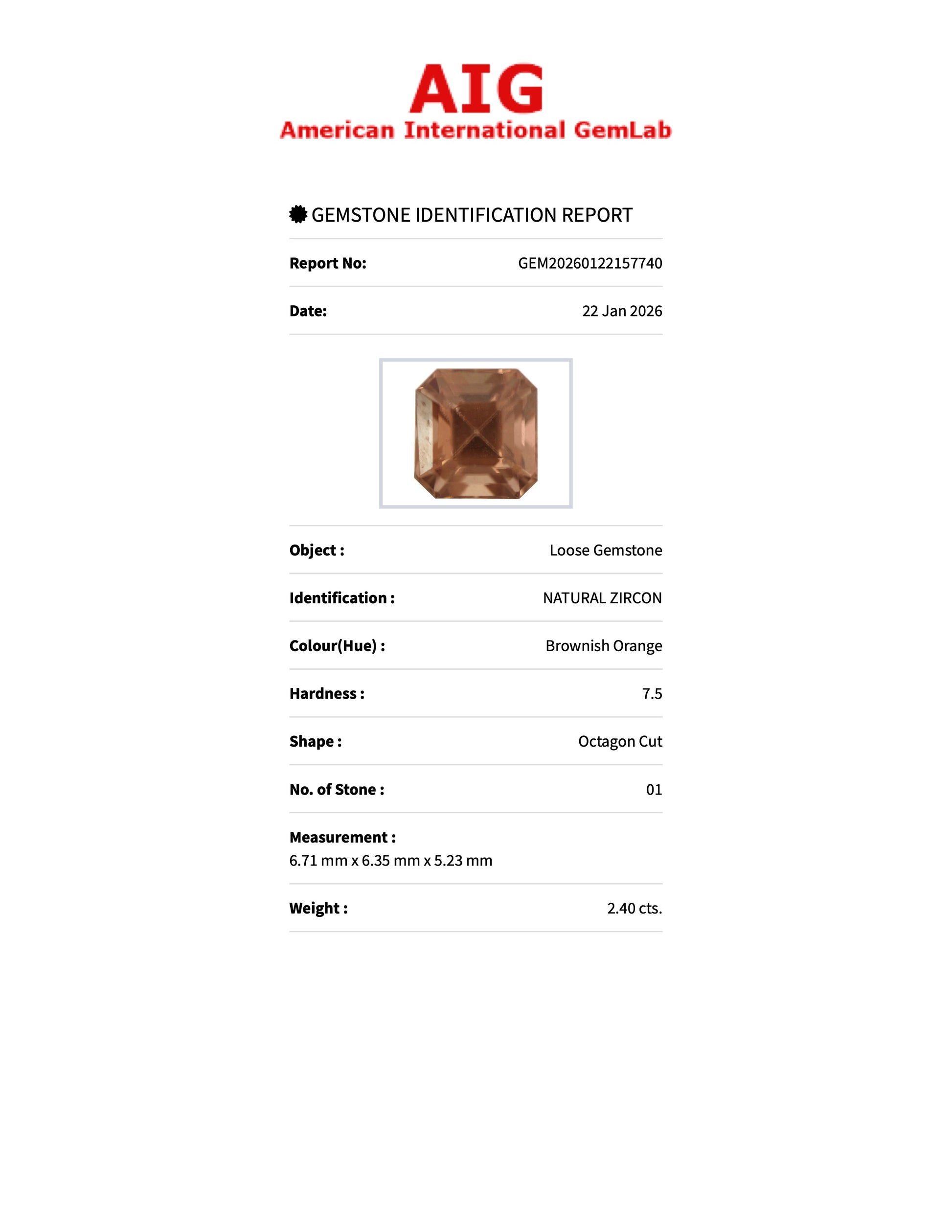 2.40 ct Natural Zircon Brownish Orange – Emerald Cut – AIG Certified