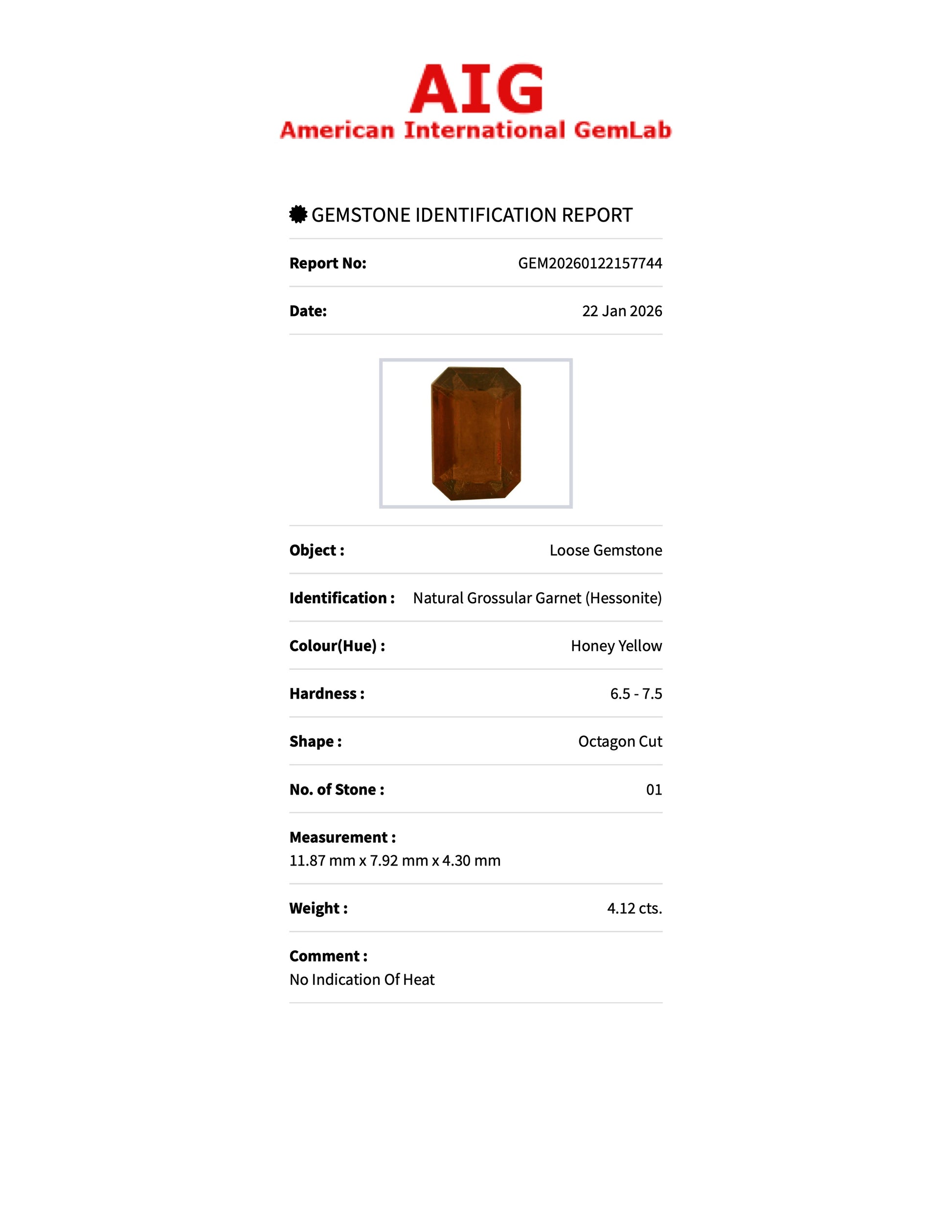 4.12 ct Natural Hessonite Garnet Honey Yellow – Emerald Cut – AIG Certified