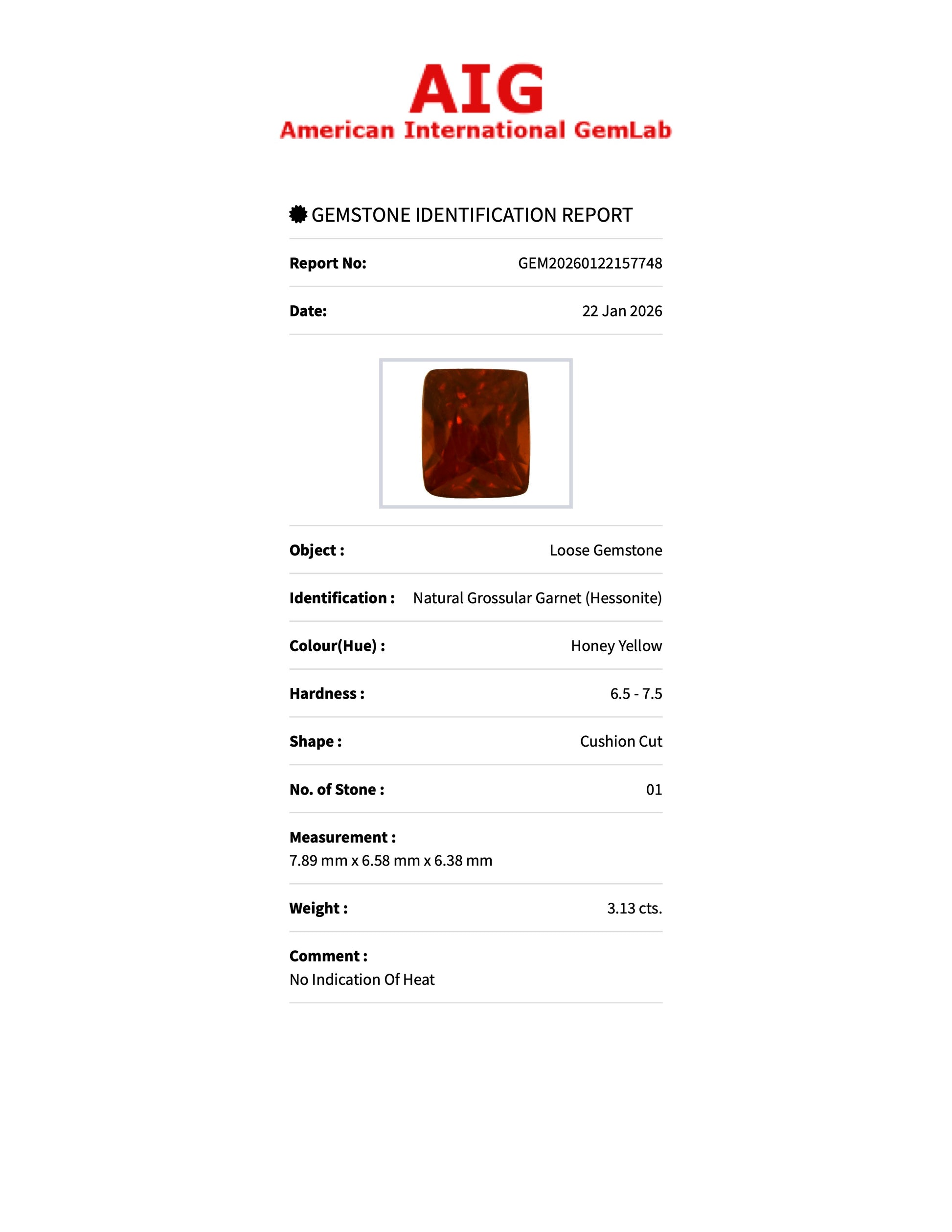3.13 ct Natural Hessonite Garnet Honey Yellow – Cushion Cut – AIG Certified