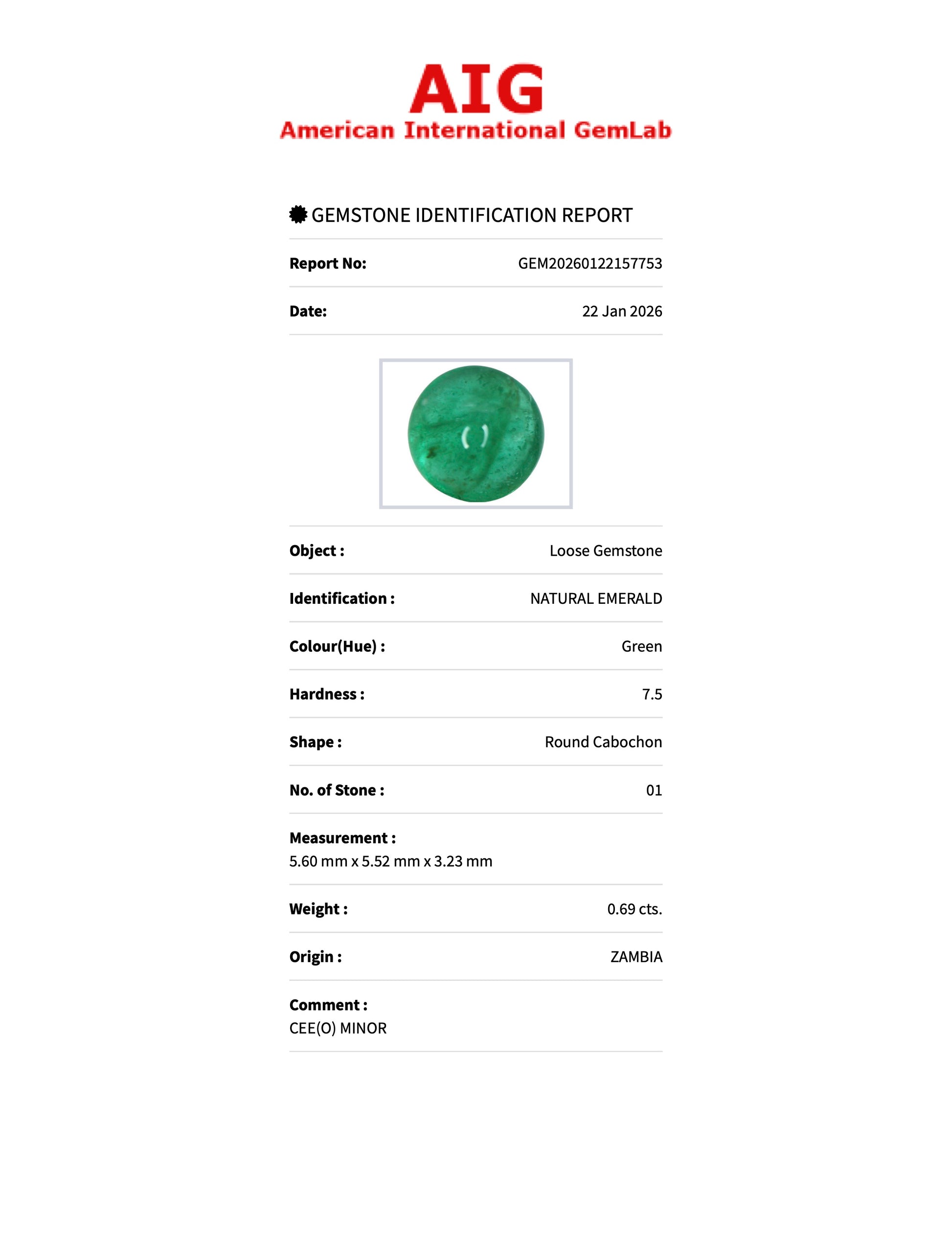0.69 ct Natural Emerald Green – Round Cabochon – Zambia – AIG Certified