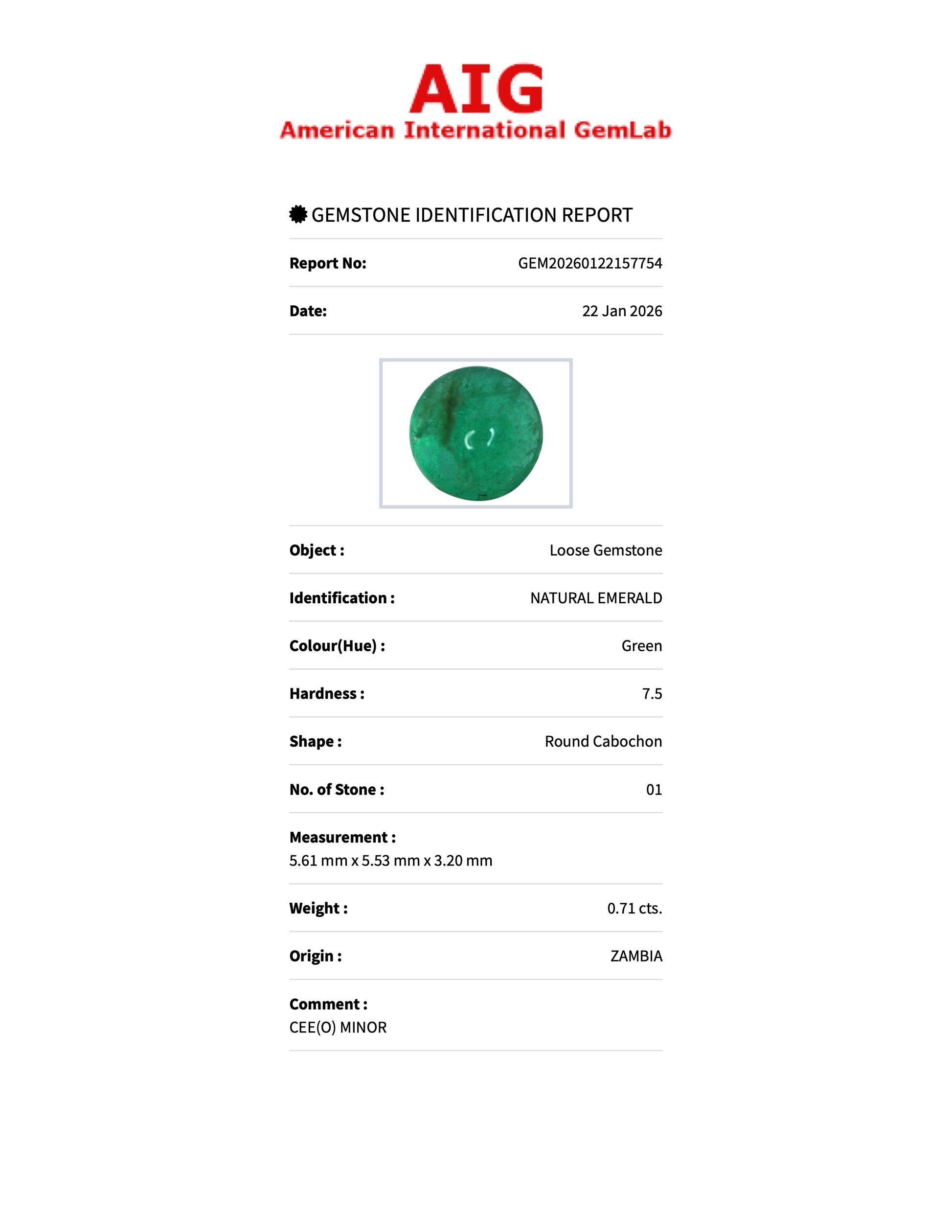 0.71 ct Natural Emerald Green – Round Cabochon – Zambia – AIG Certified