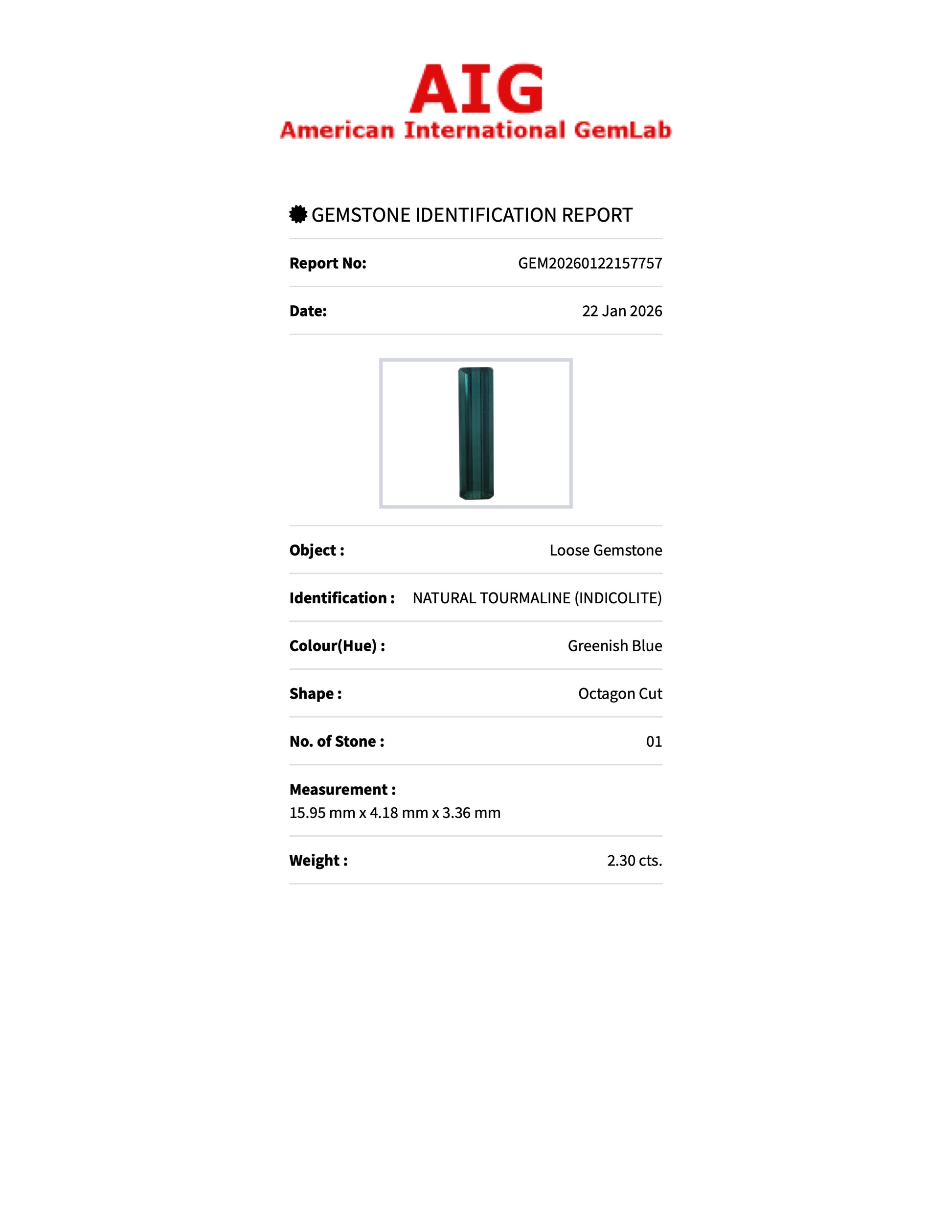 2.30 ct Natural Tourmaline (Indicolite) Greenish Blue – Emerald Cut – AIG Certified