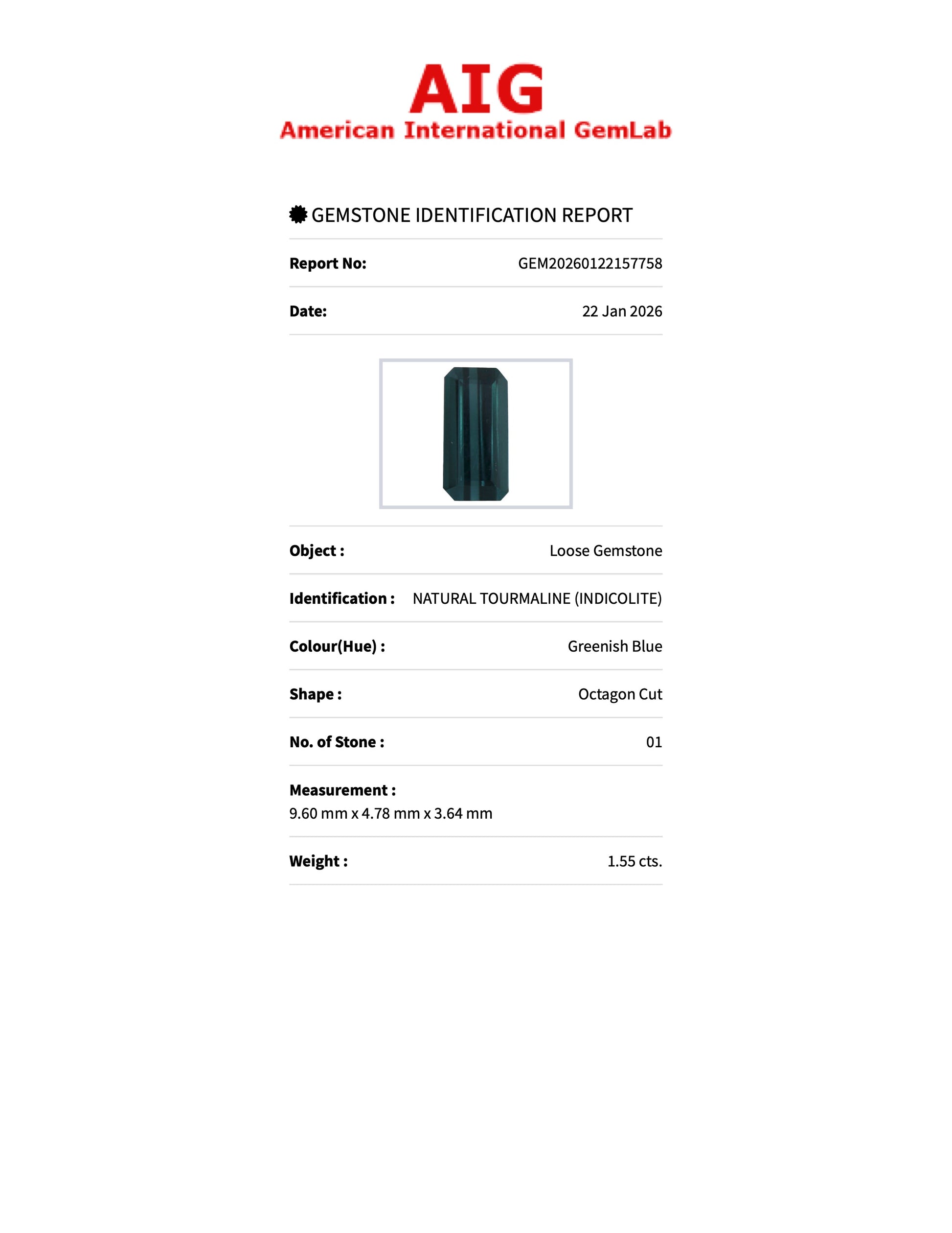 1.55 ct Natural Tourmaline (Indicolite) Greenish Blue – Emerald Cut – AIG Certified