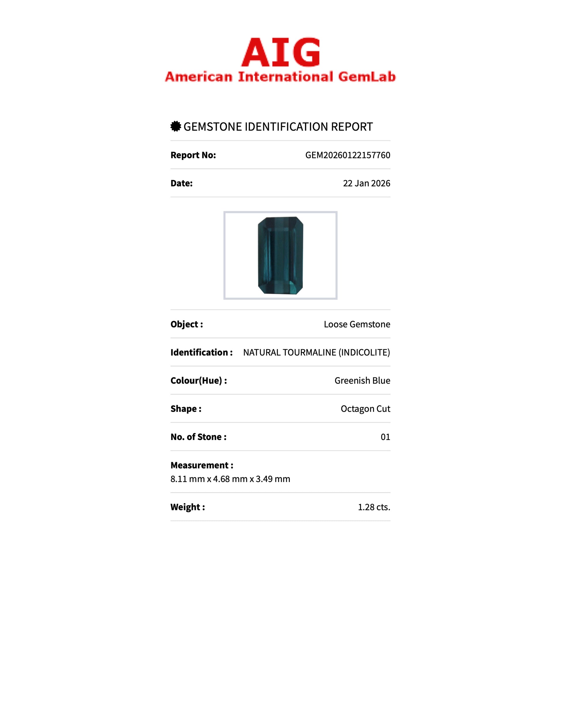 1.28 ct Natural Tourmaline (Indicolite) Greenish Blue – Emerald Cut – AIG Certified