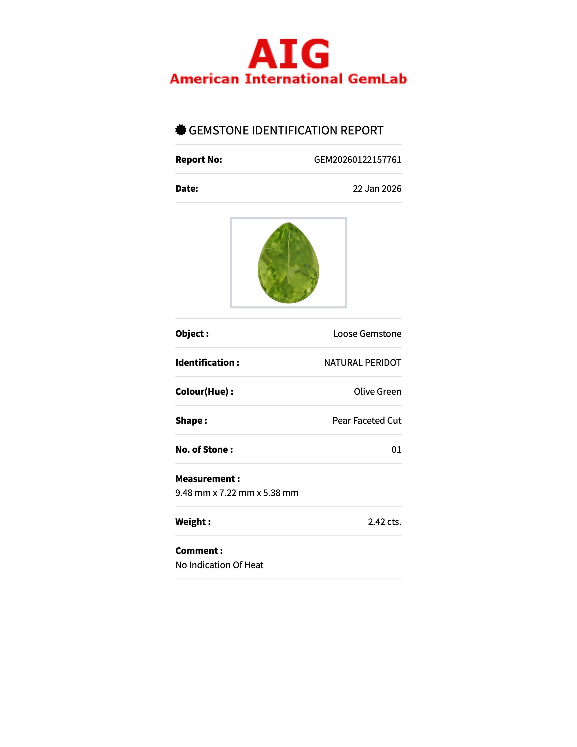 2.42 ct Natural Peridot Olive Green – Pear Cut – AIG Certified