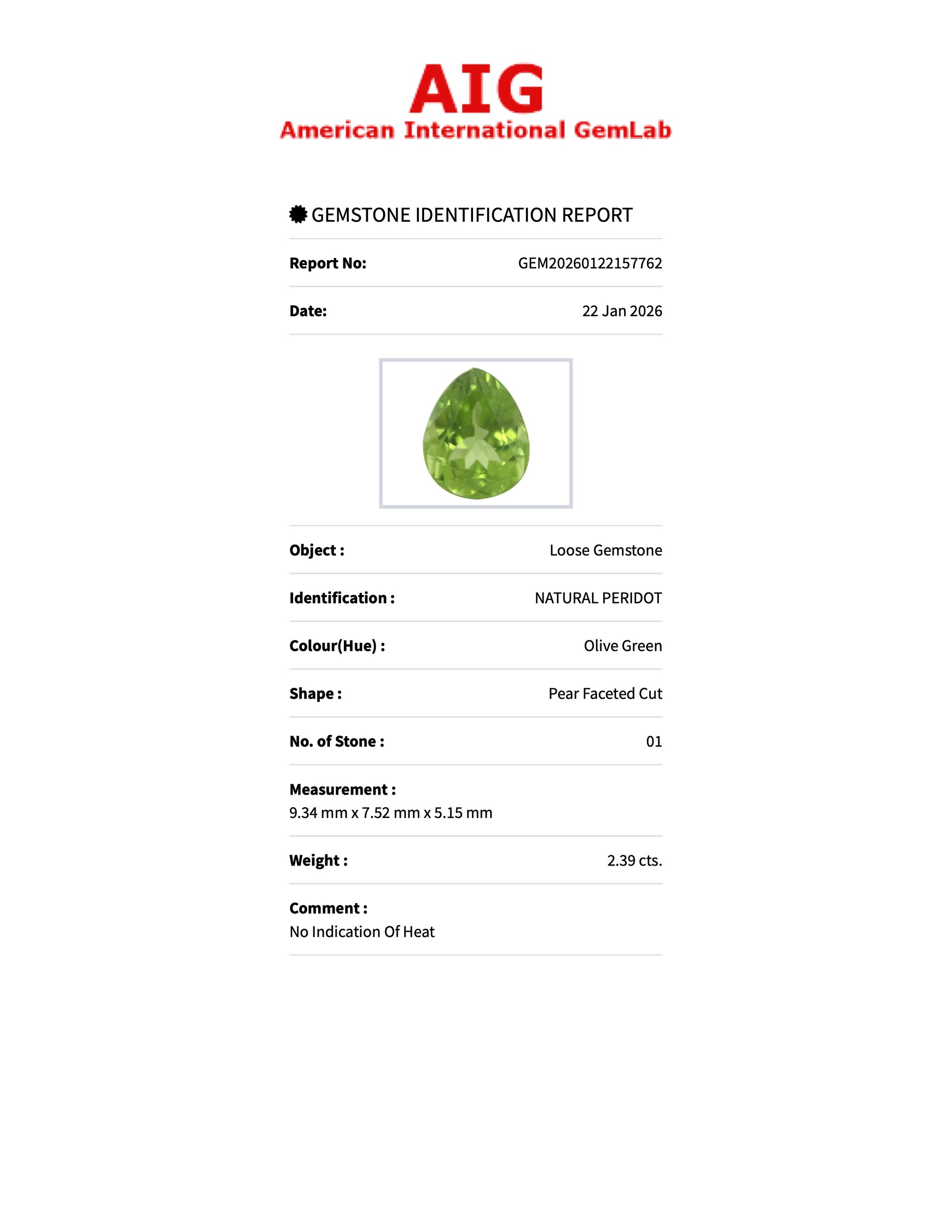 2.39 ct Natural Peridot Olive Green – Pear Cut – AIG Certified