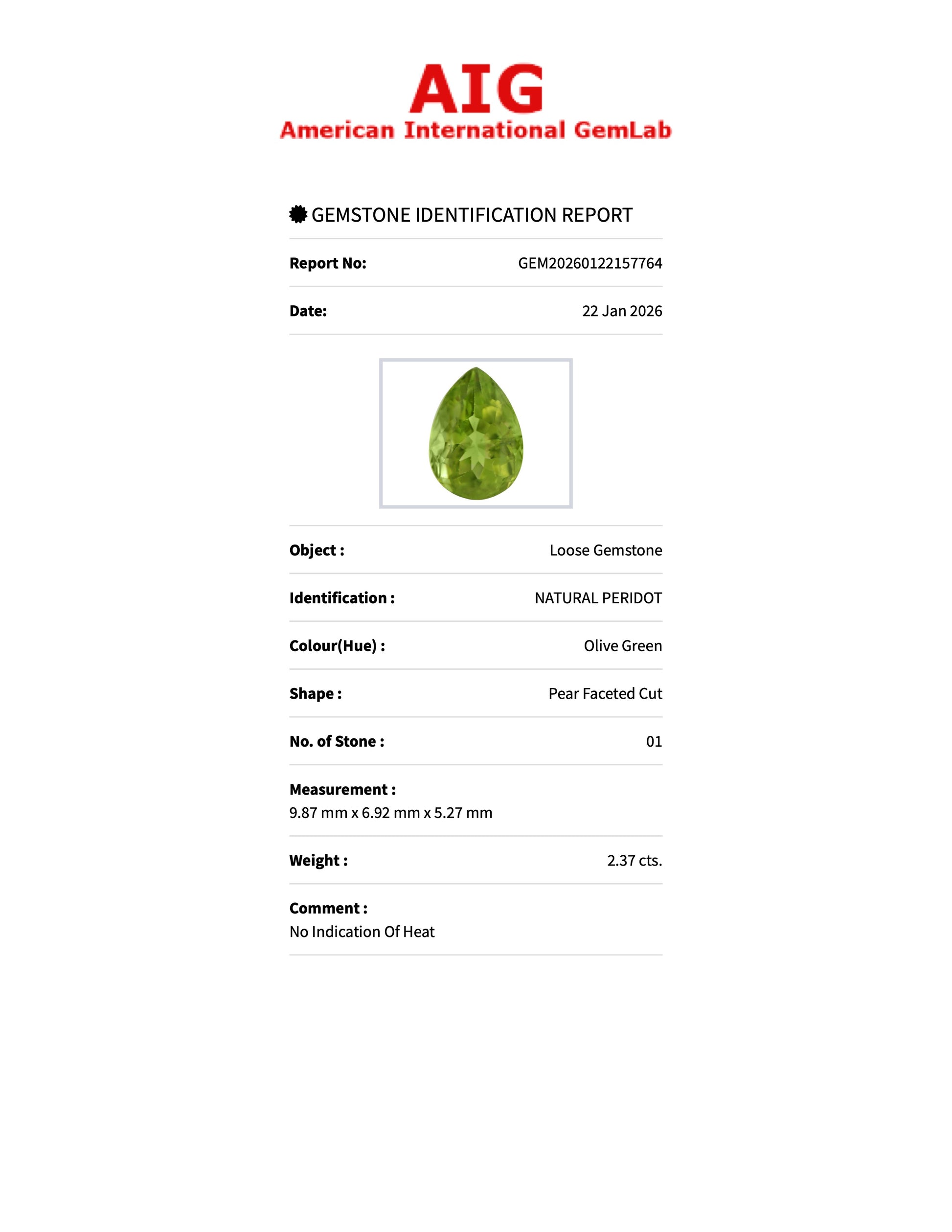 2.37 ct Natural Peridot Olive Green – Pear Cut – AIG Certified