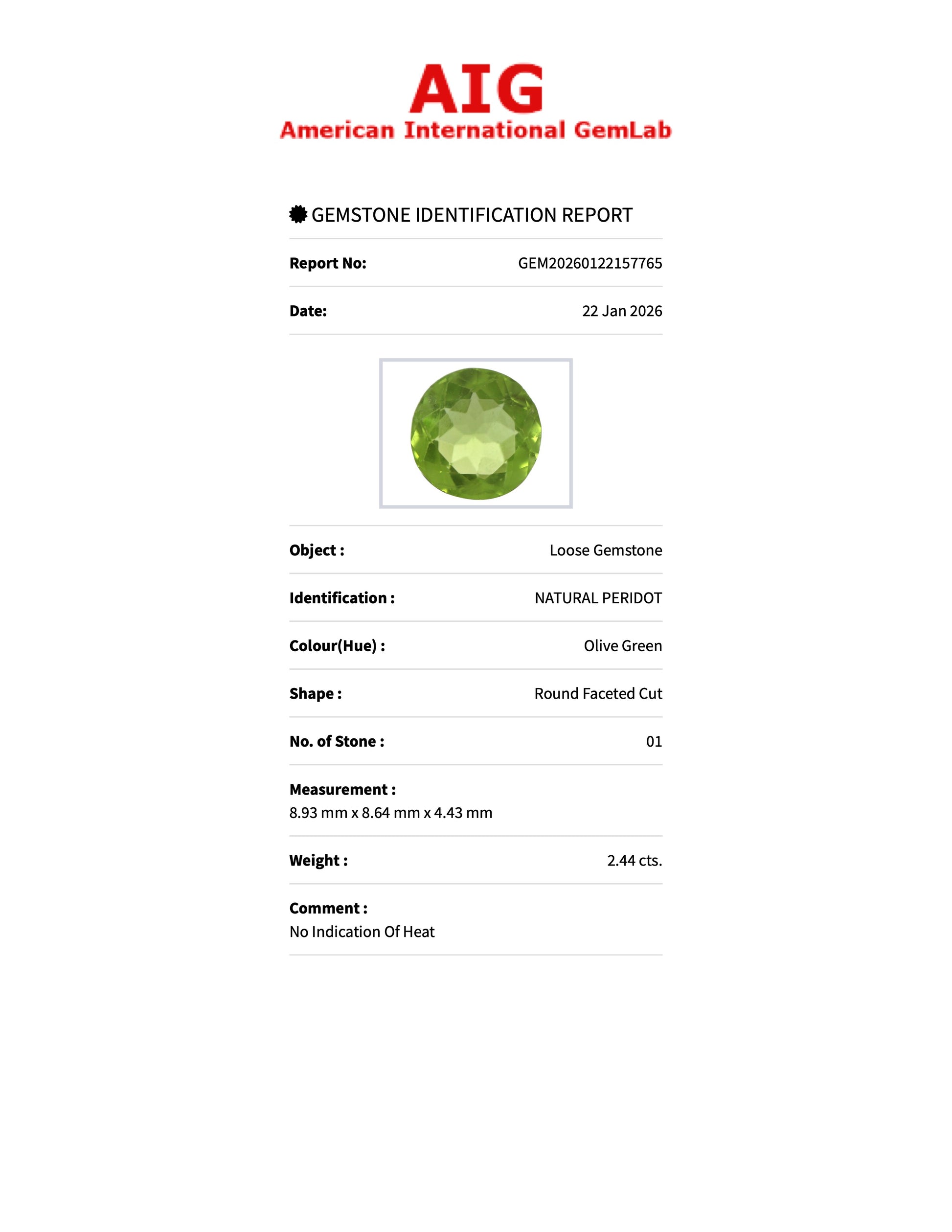 2.44 ct Natural Peridot Olive Green – Round Cut – AIG Certified