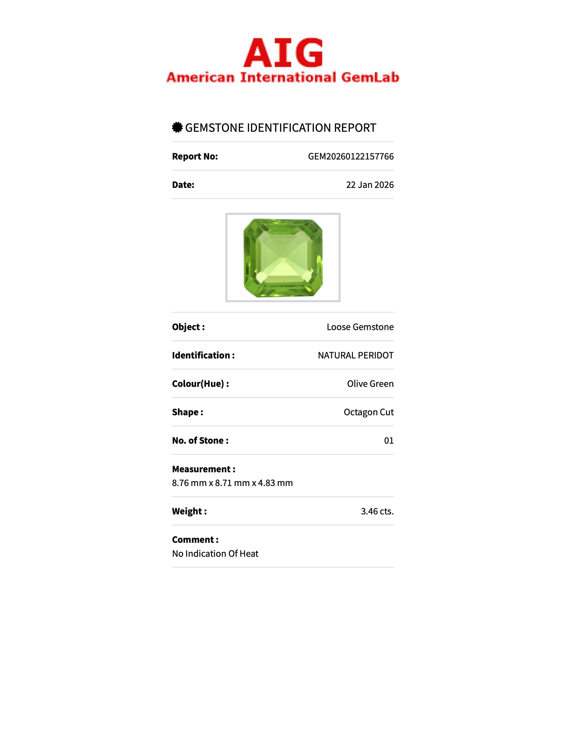 3.46 ct Natural Peridot Olive Green – Emerald Cut – AIG Certified