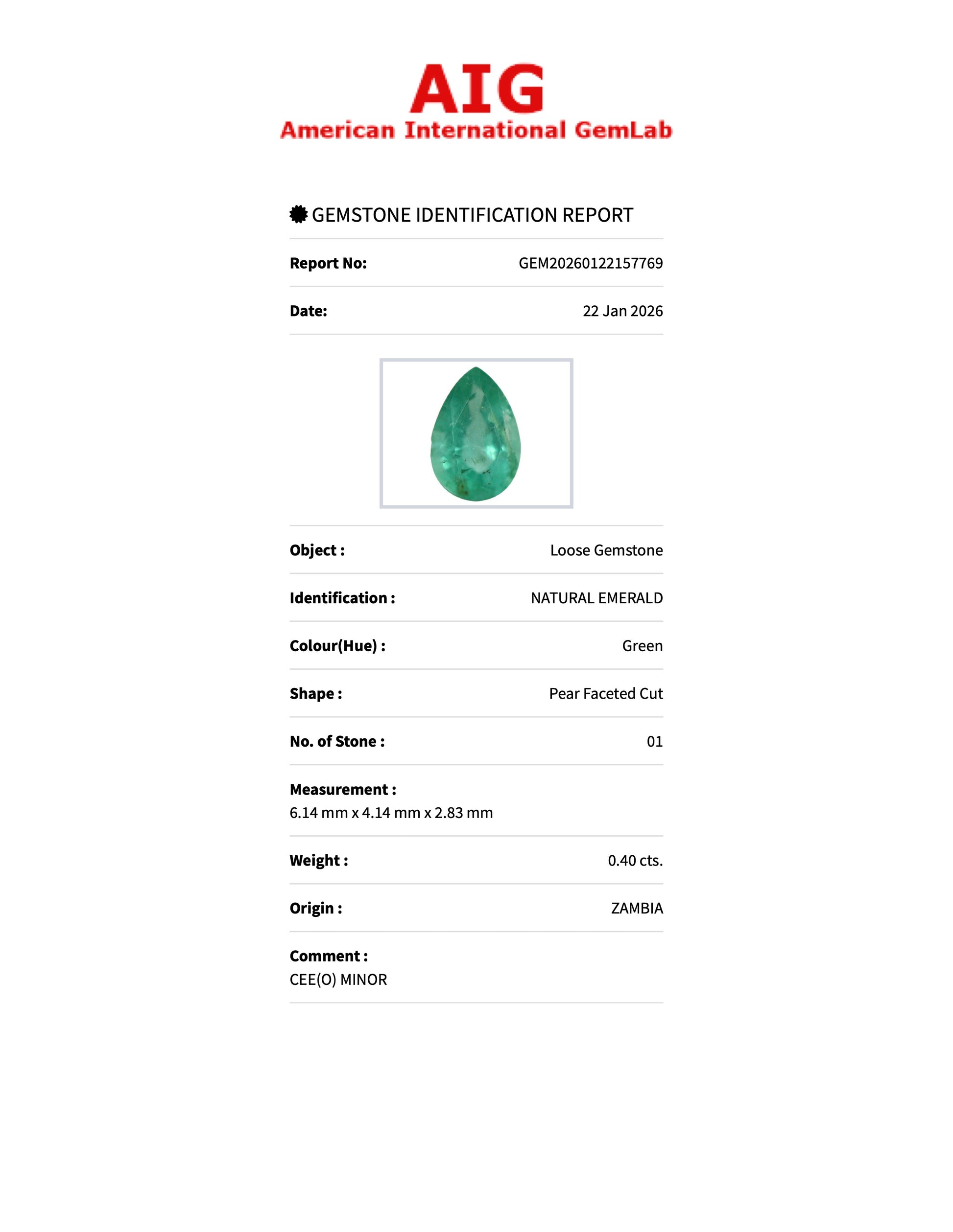 0.40 ct Natural Emerald Green – Pear Cut – Zambia – AIG Certified