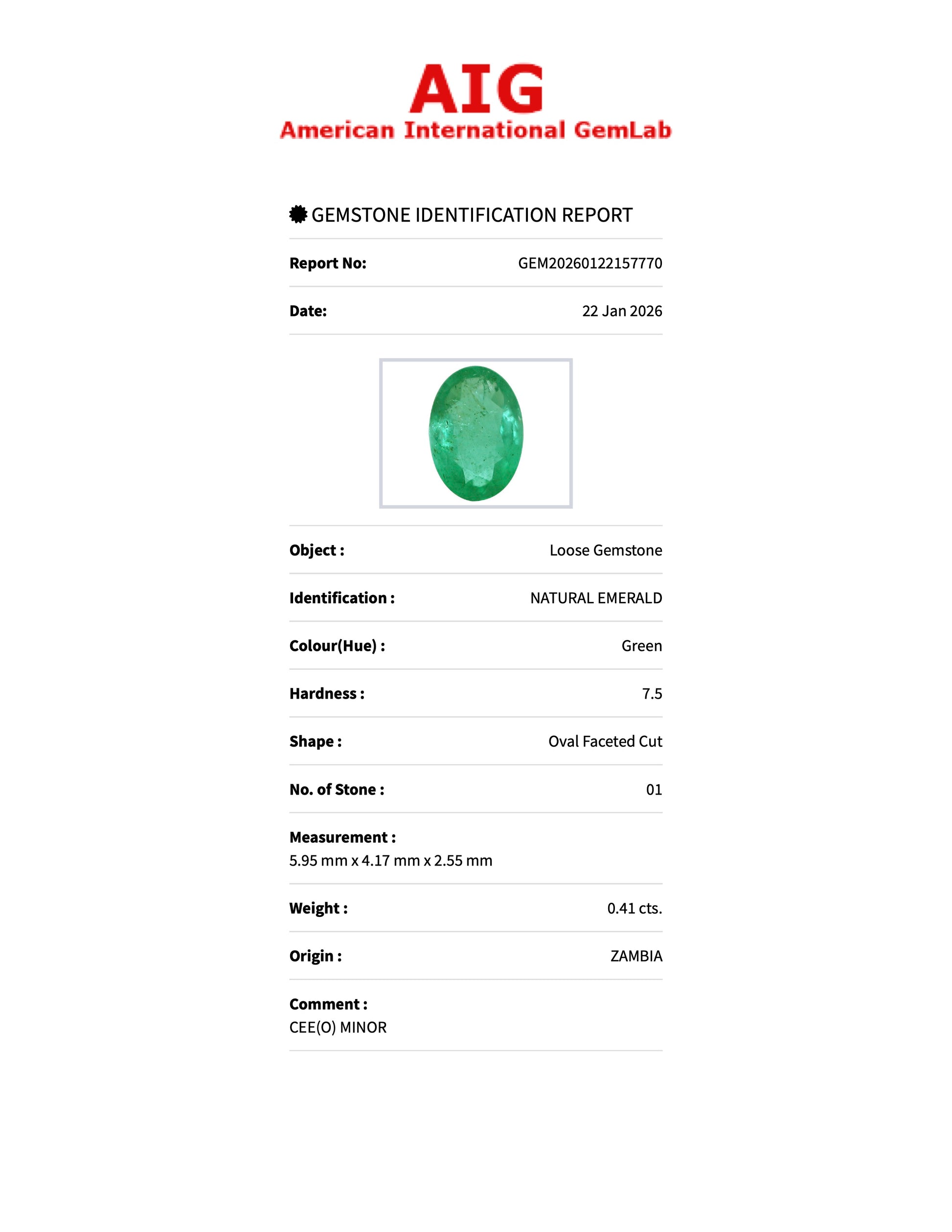 0.41 ct Natural Emerald Green – Oval Cut – Zambia – AIG Certified