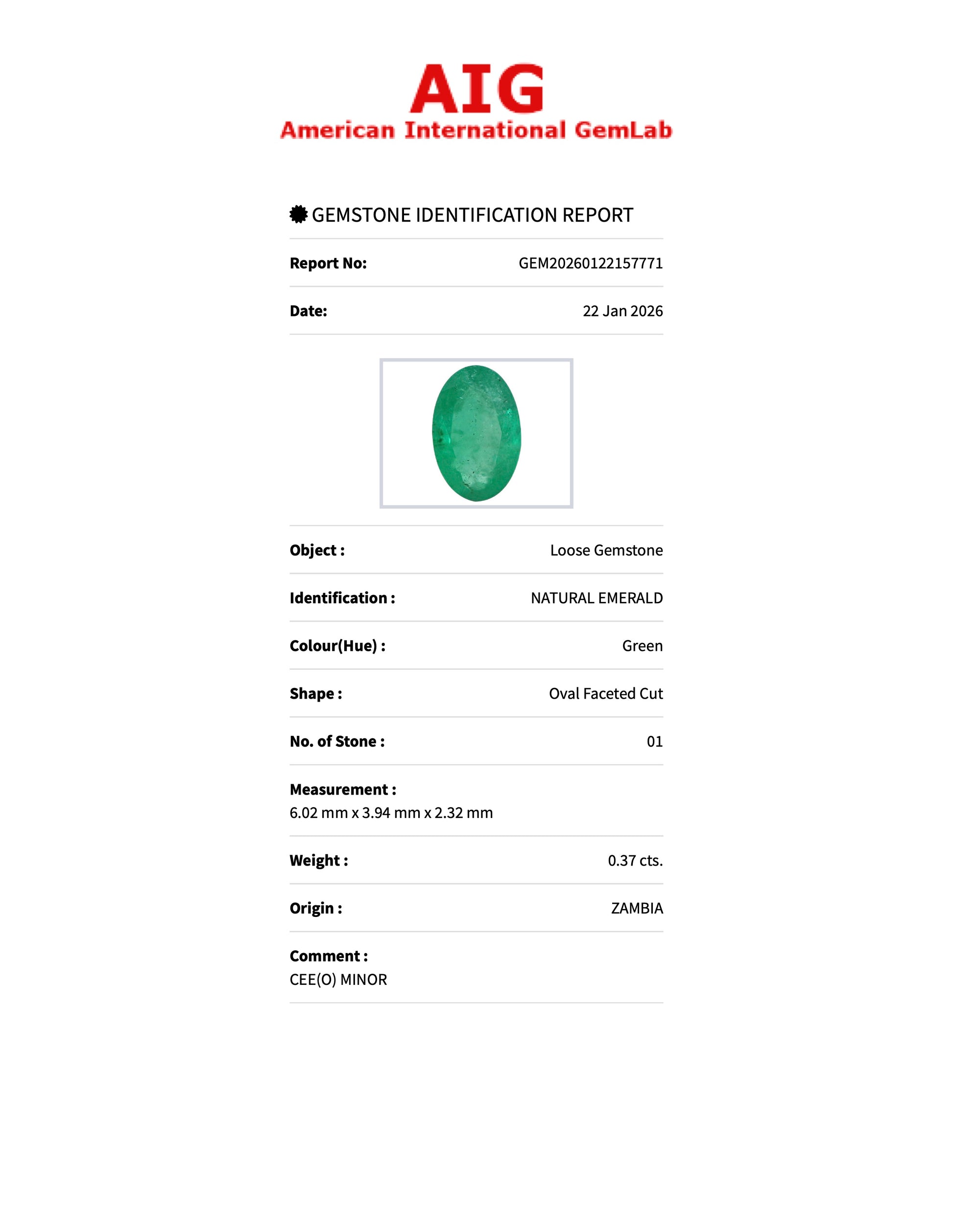 0.37 ct Natural Emerald Green – Oval Cut – Zambia – AIG Certified