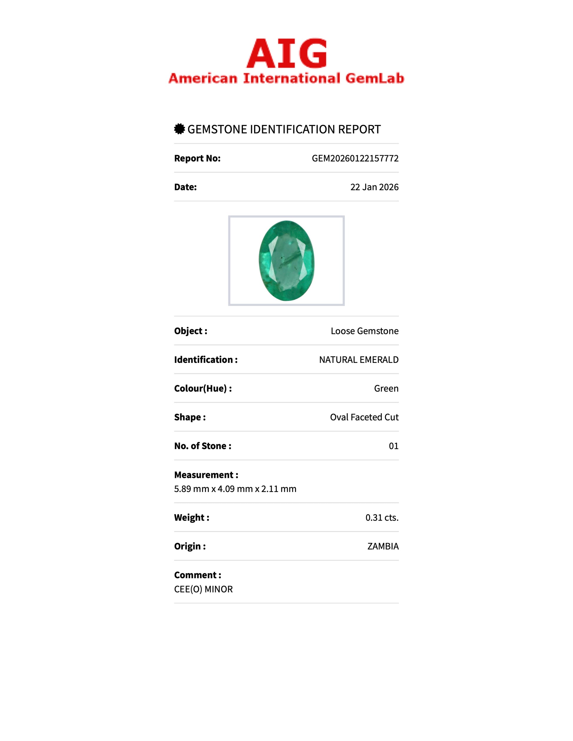 0.31 ct Natural Emerald Green – Oval Cut – Zambia – AIG Certified