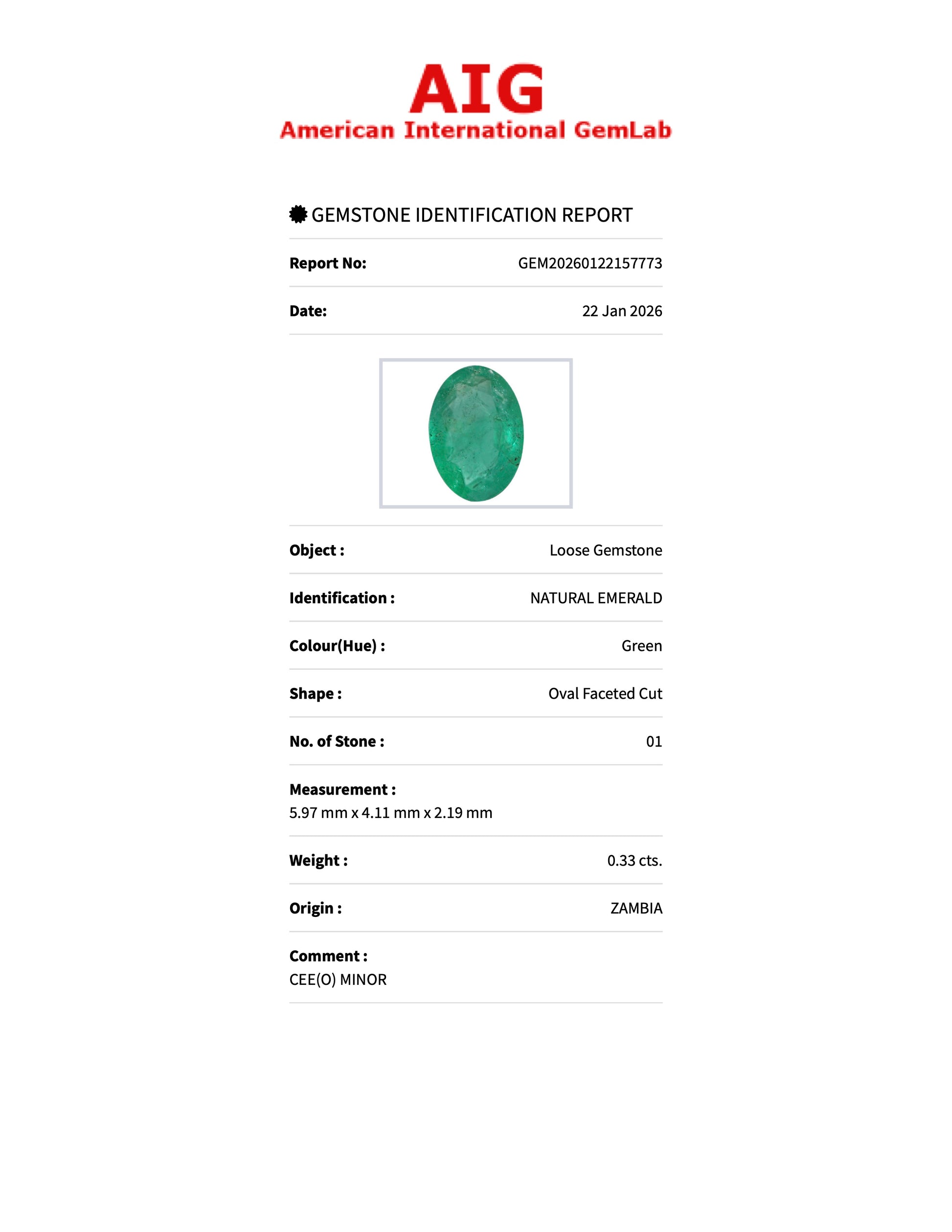 0.33 ct Natural Emerald Green – Oval Cut – Zambia – AIG Certified