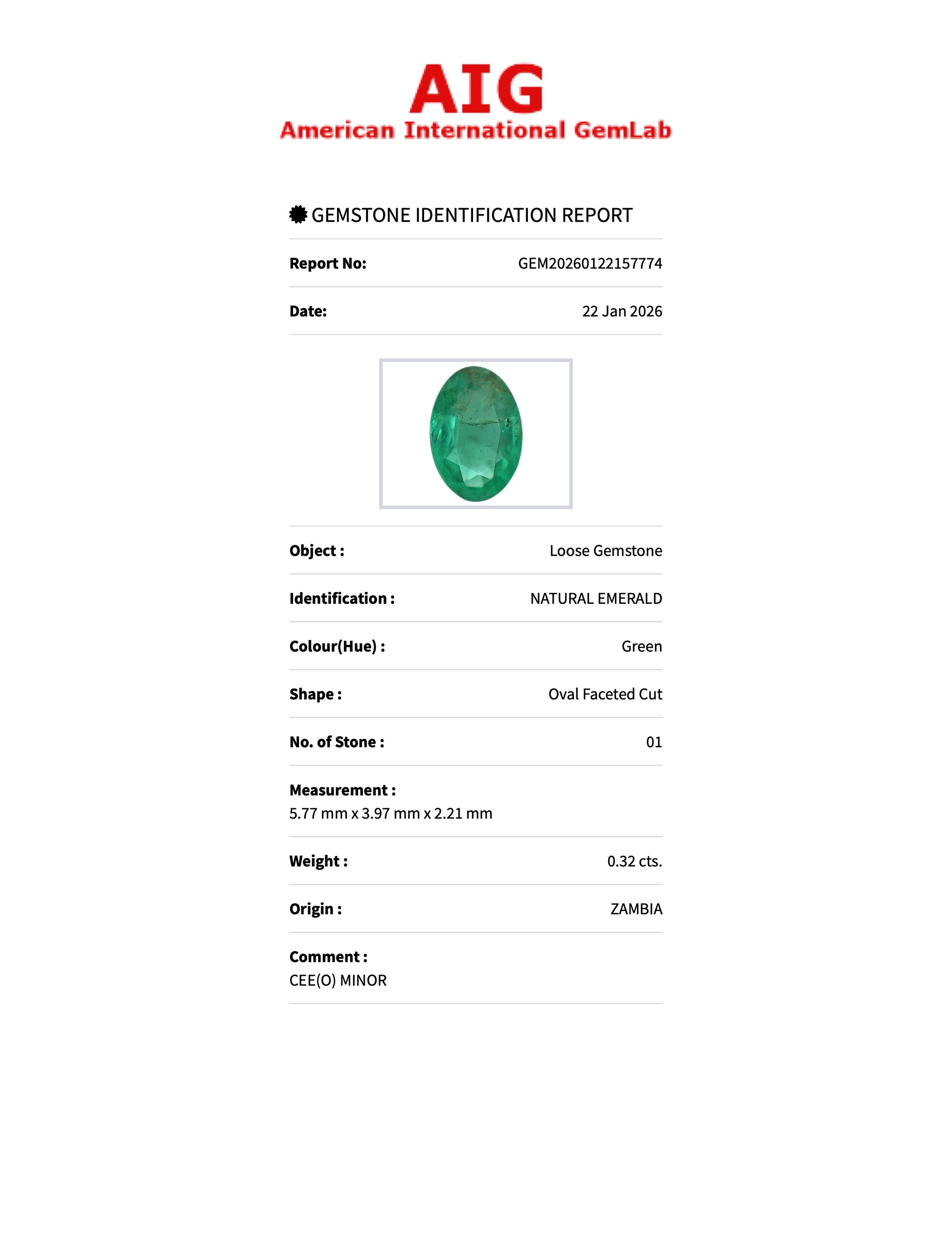 0.32 ct Natural Emerald Green – Oval Cut – Zambia – AIG Certified