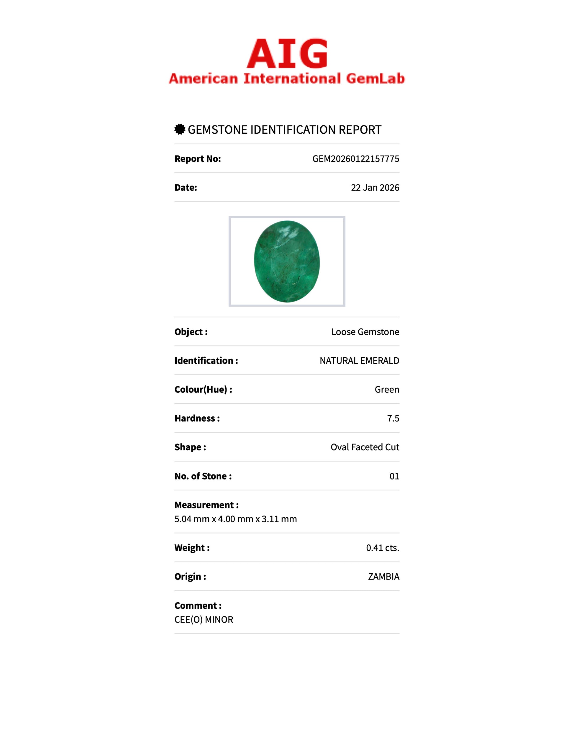 0.41 ct Natural Emerald Green – Oval Cut – Zambia – AIG Certified