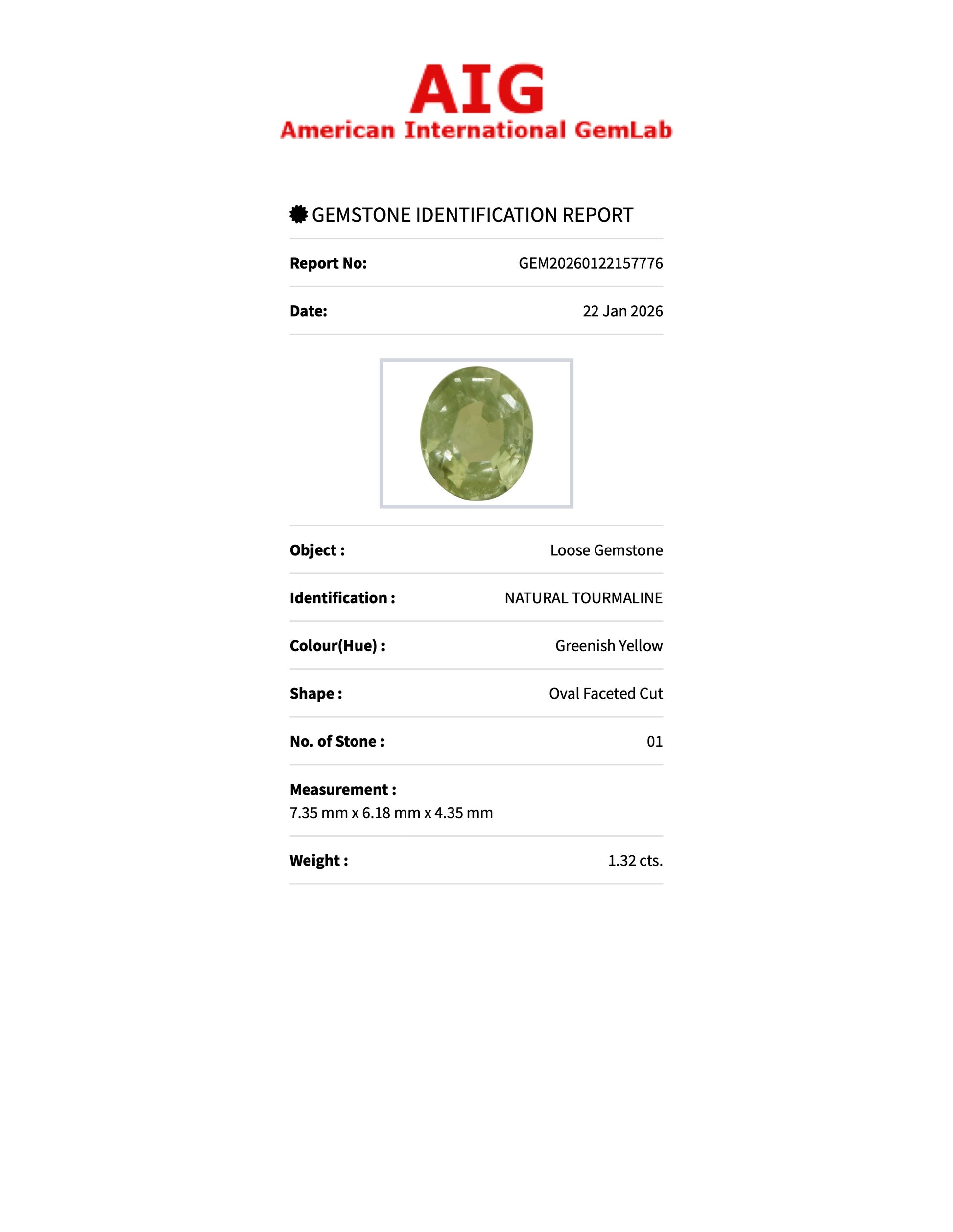 1.32 ct Natural Tourmaline Greenish Yellow – Oval Cut – AIG Certified
