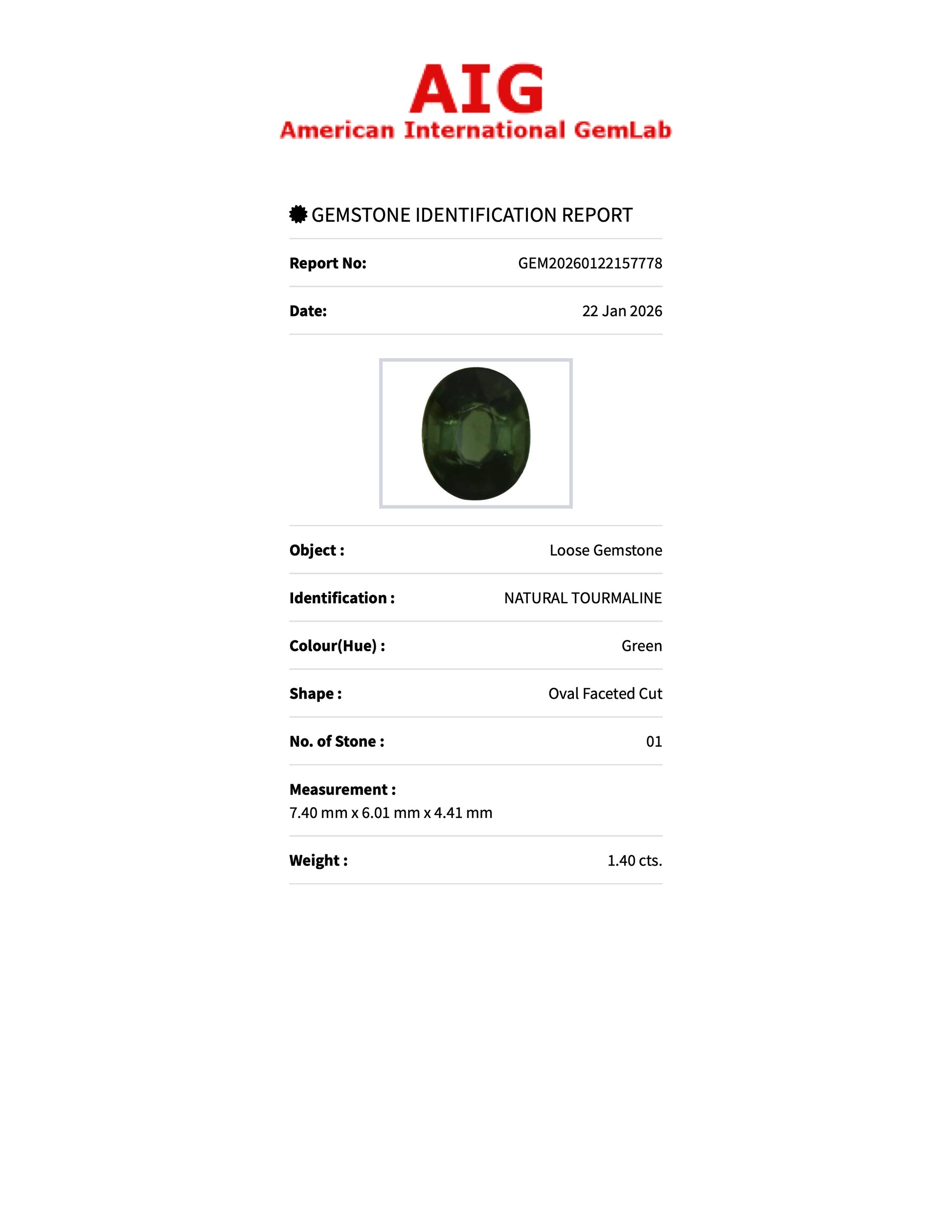 1.40 ct Natural Tourmaline Green – Oval Cut – AIG Certified