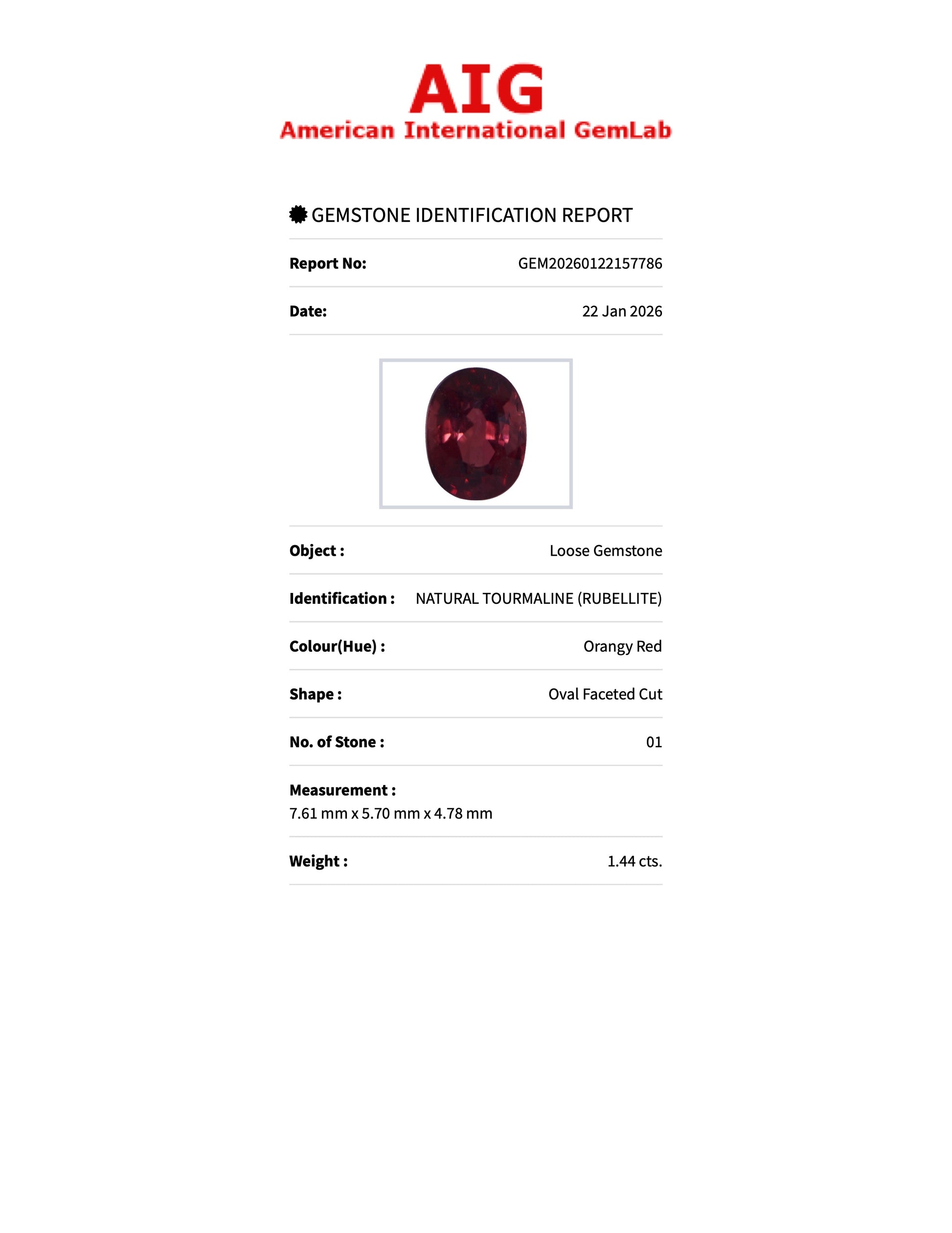 1.44 ct Natural Tourmaline (Rubellite) Orangy Red – Oval Cut – AIG Certified
