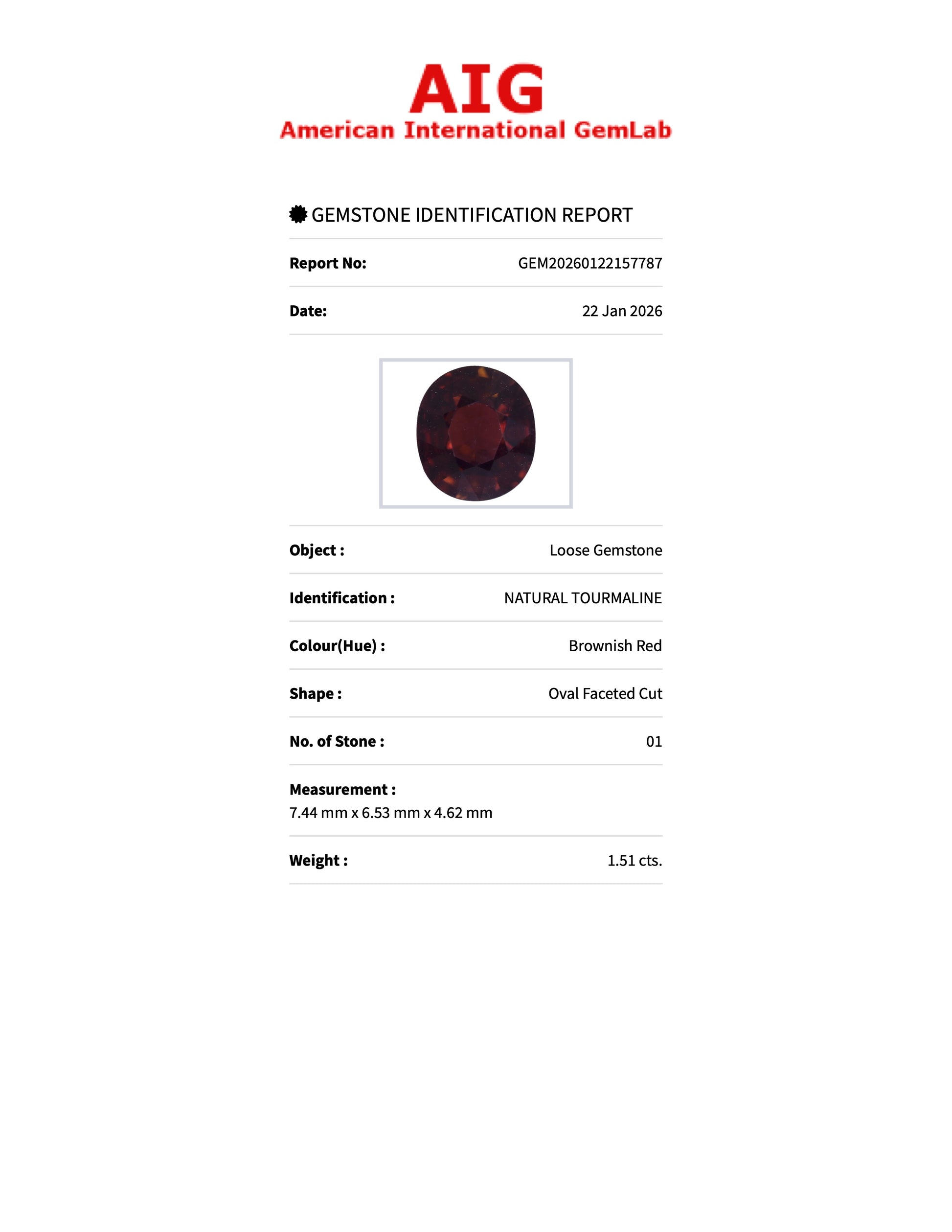 1.51 ct Natural Tourmaline Brownish Red – Oval Cut – AIG Certified