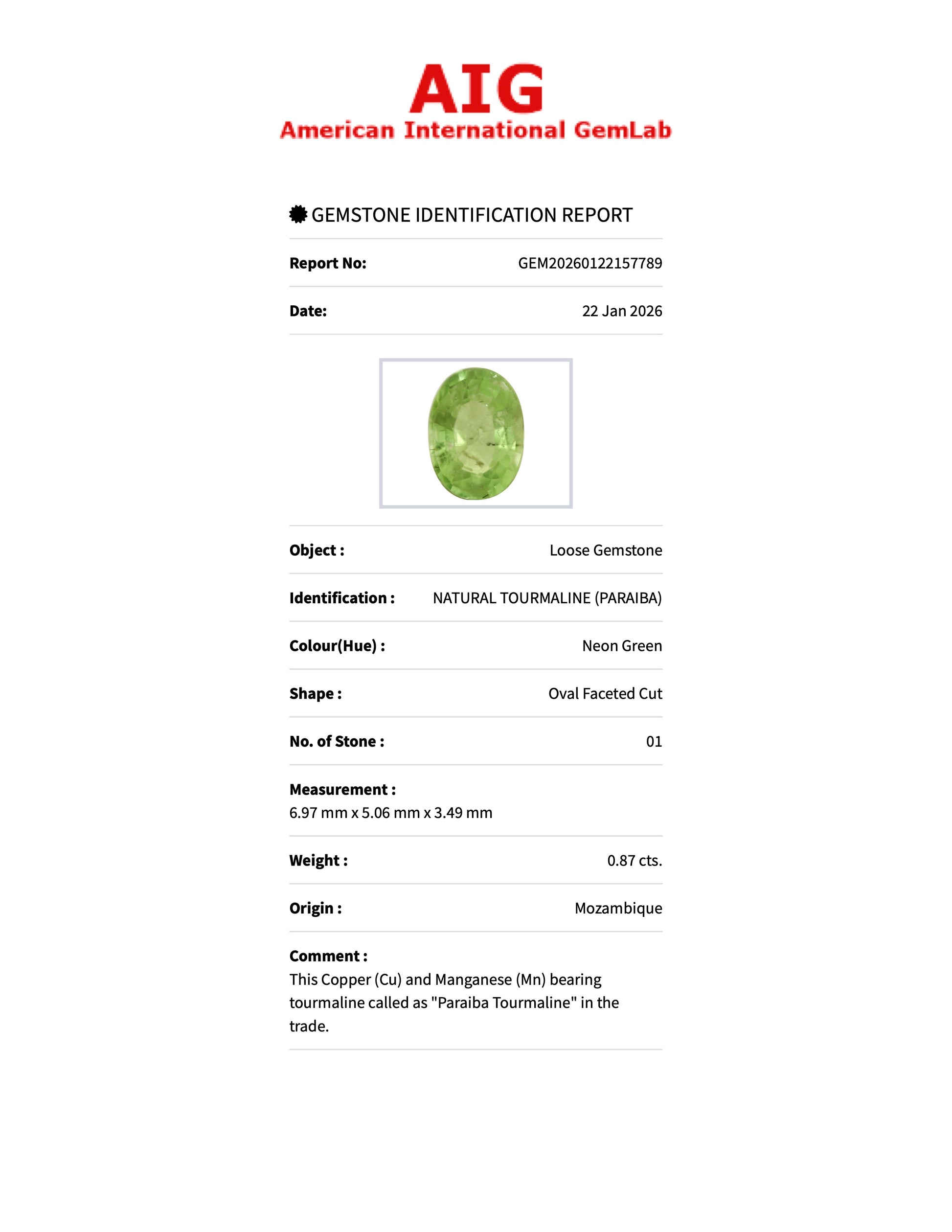 0.87 ct Natural Paraiba Tourmaline Neon Green – Oval Cut – Mozambique – AIG Certified