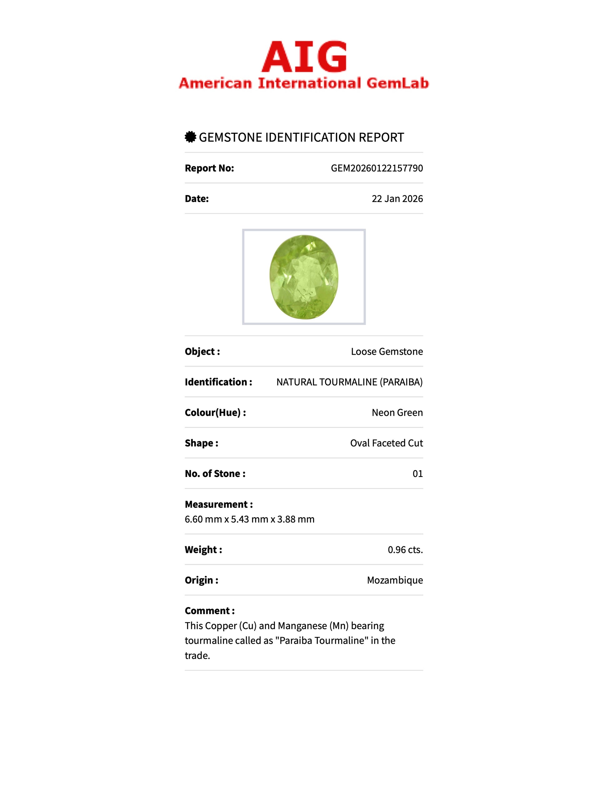 0.96 ct Natural Paraiba Tourmaline Neon Green – Oval Cut – Mozambique – AIG Certified