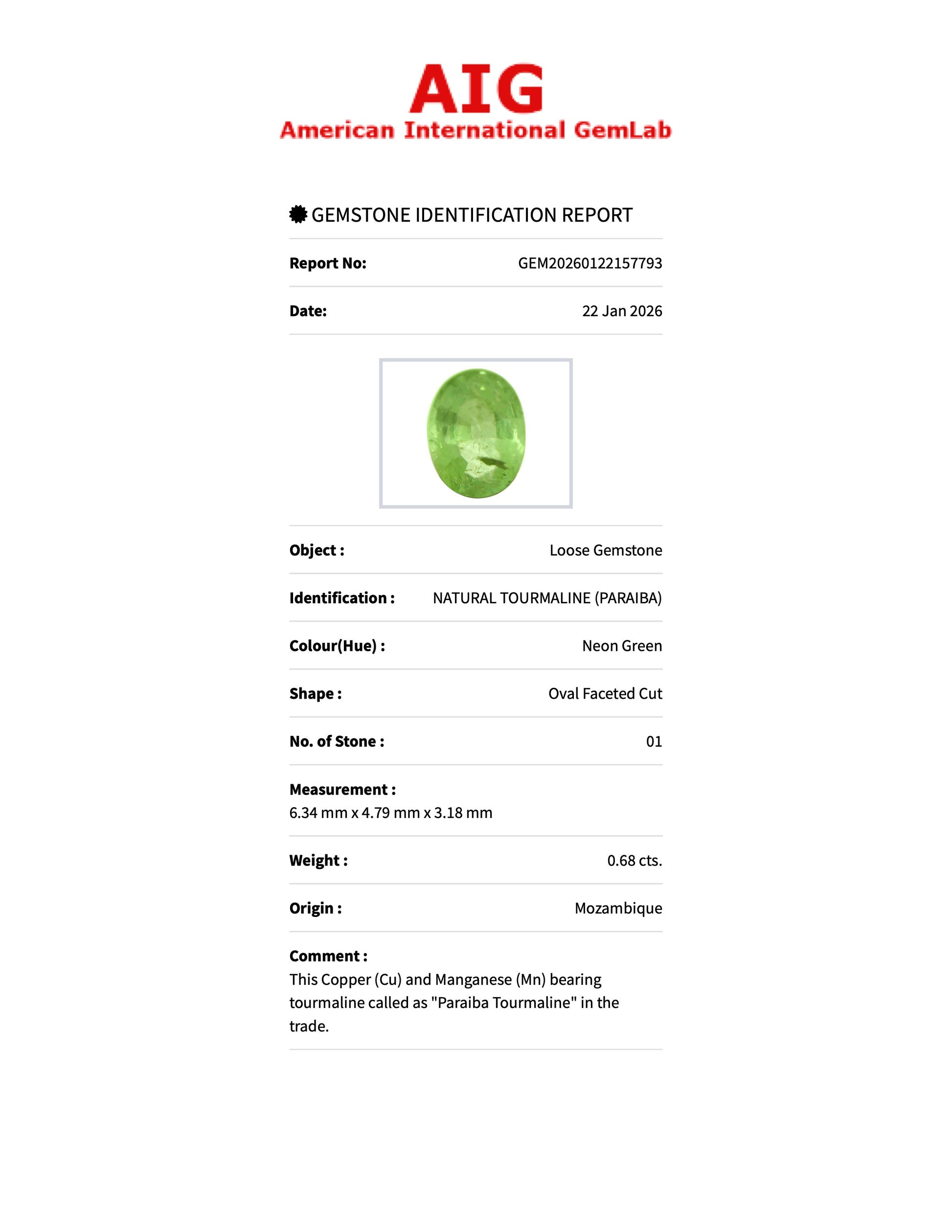 0.68 ct Natural Paraiba Tourmaline Neon Green – Oval Cut – Mozambique – AIG Certified