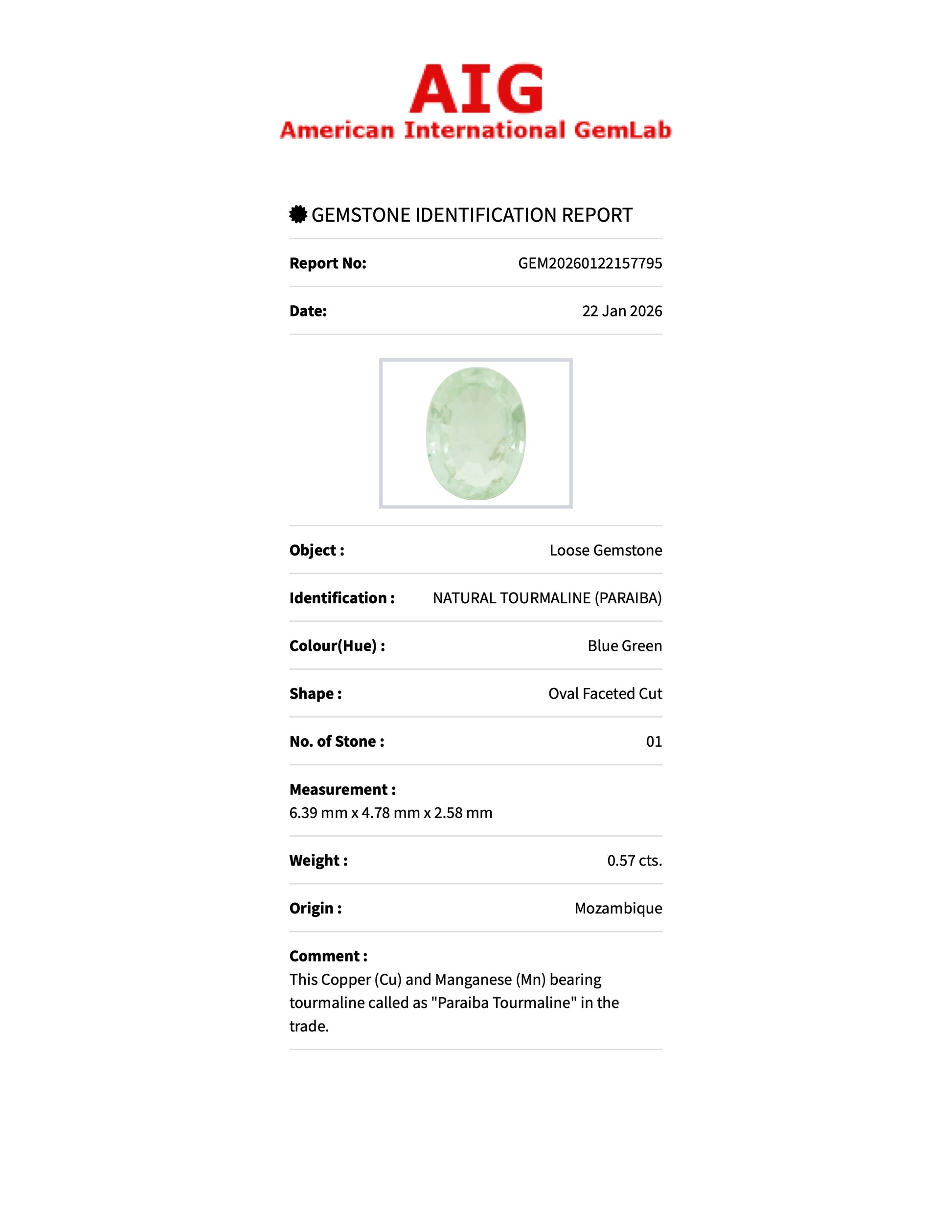 0.57 ct Natural Paraiba Tourmaline Blue Green – Oval Cut – Mozambique – AIG Certified