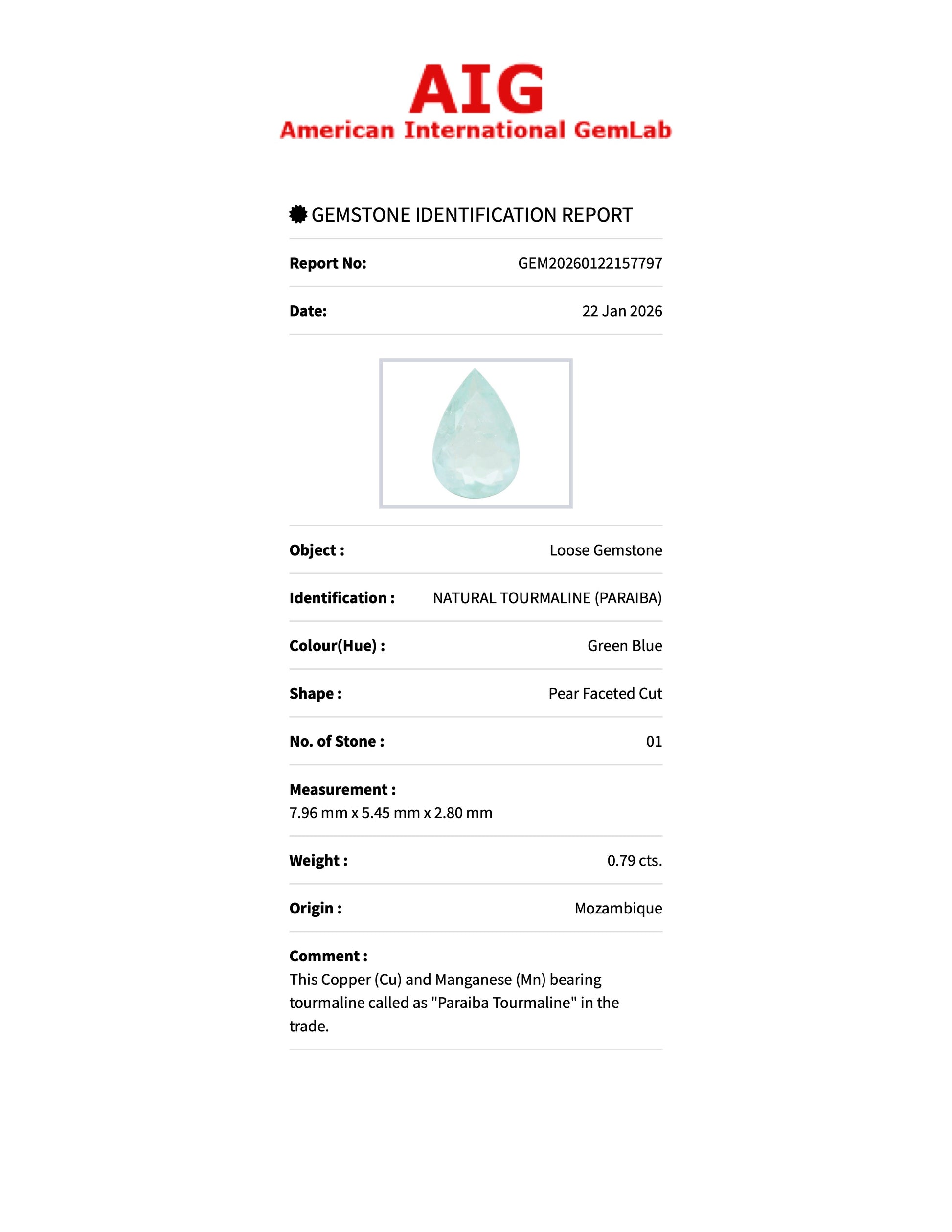 0.79 ct Natural Paraiba Tourmaline Green Blue – Pear Cut – Mozambique – AIG Certified