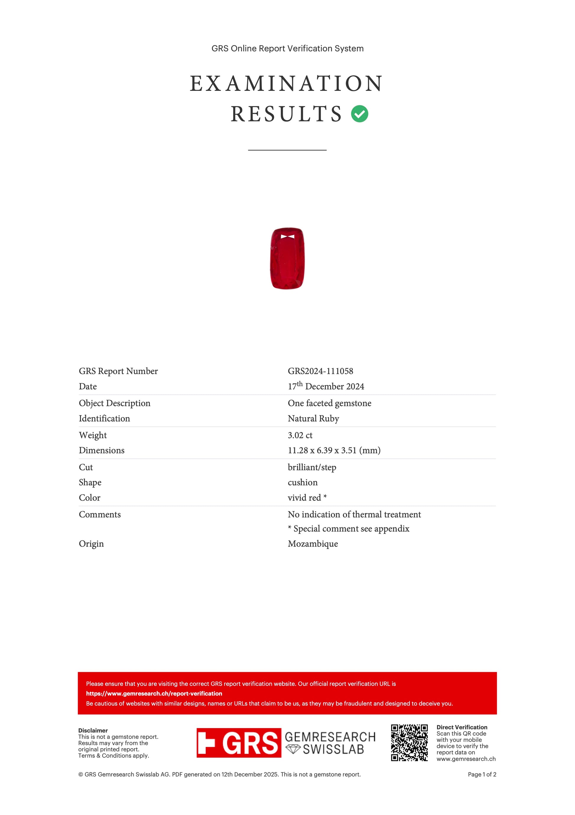 3.02 ct Red (Vivid) Ruby – Cushion Cut – Unheated – Mozambique