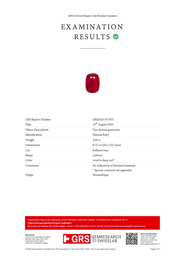 3.00 ct Red (Vivid to Deep) Ruby – Cushion Cut – Unheated – Mozambique