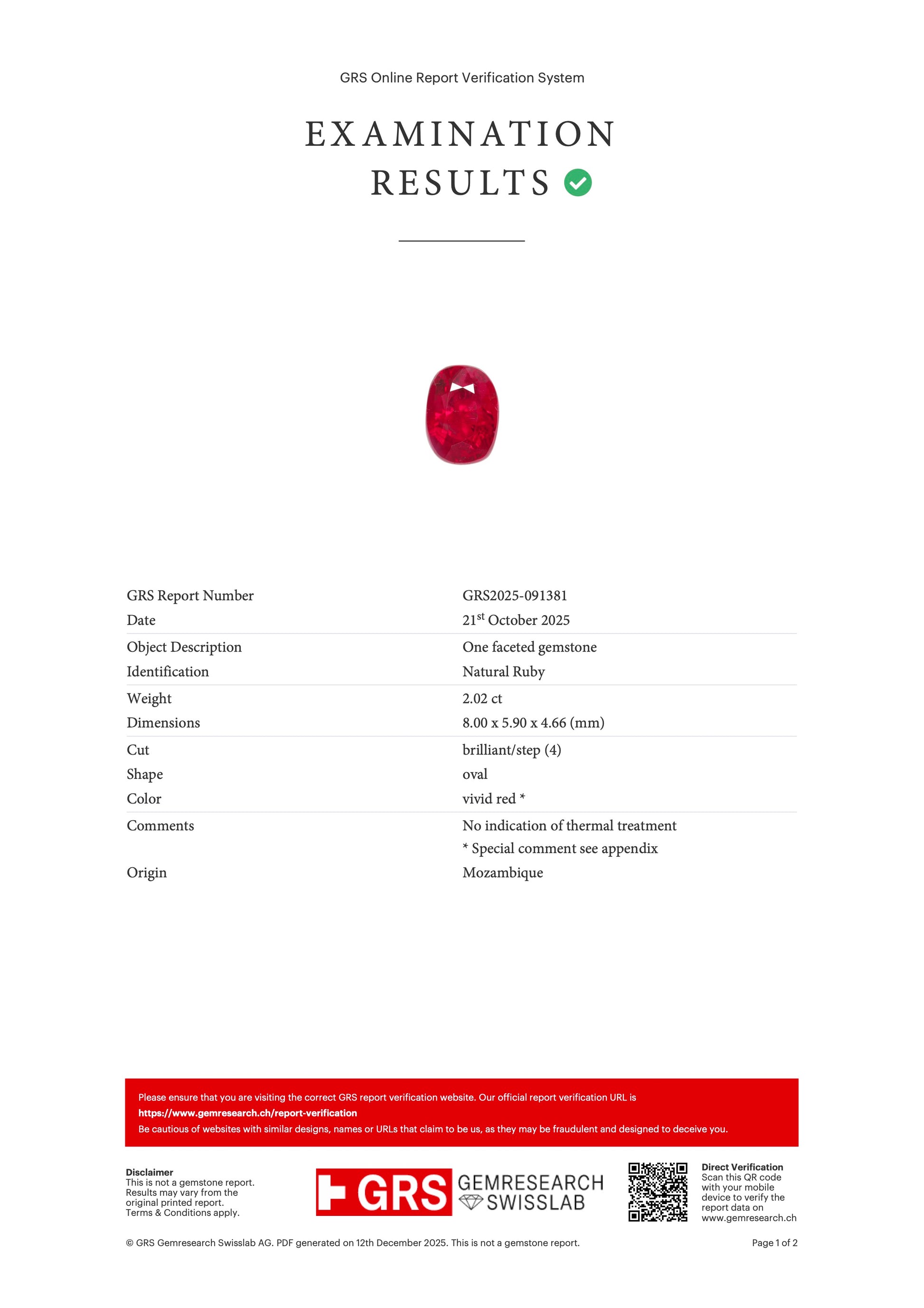 2.02 ct Red (Vivid) Ruby – Oval Cut – Unheated – Mozambique