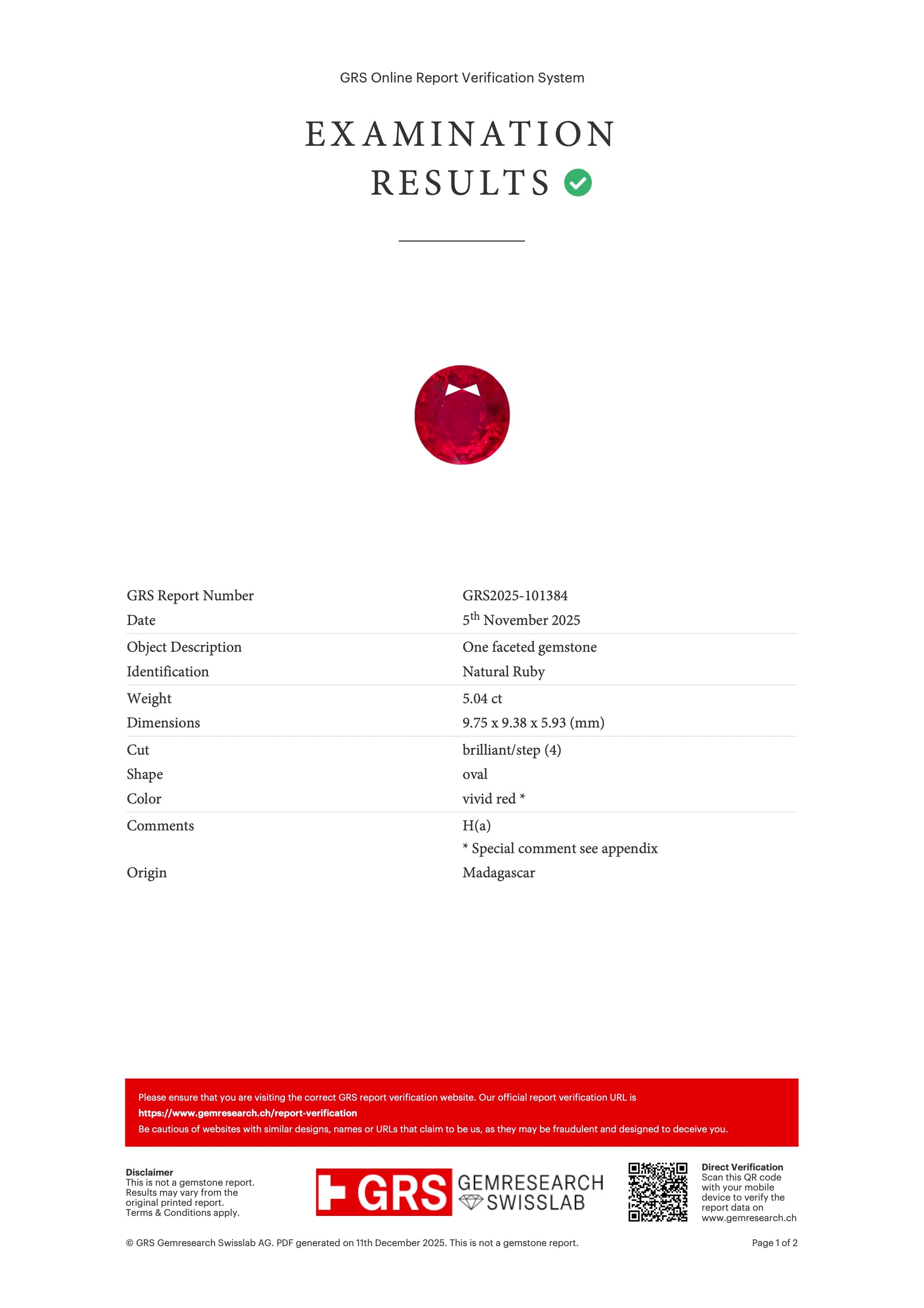 5.04 ct Red (Vivid) Ruby – Oval Cut – Heated – Madagascar