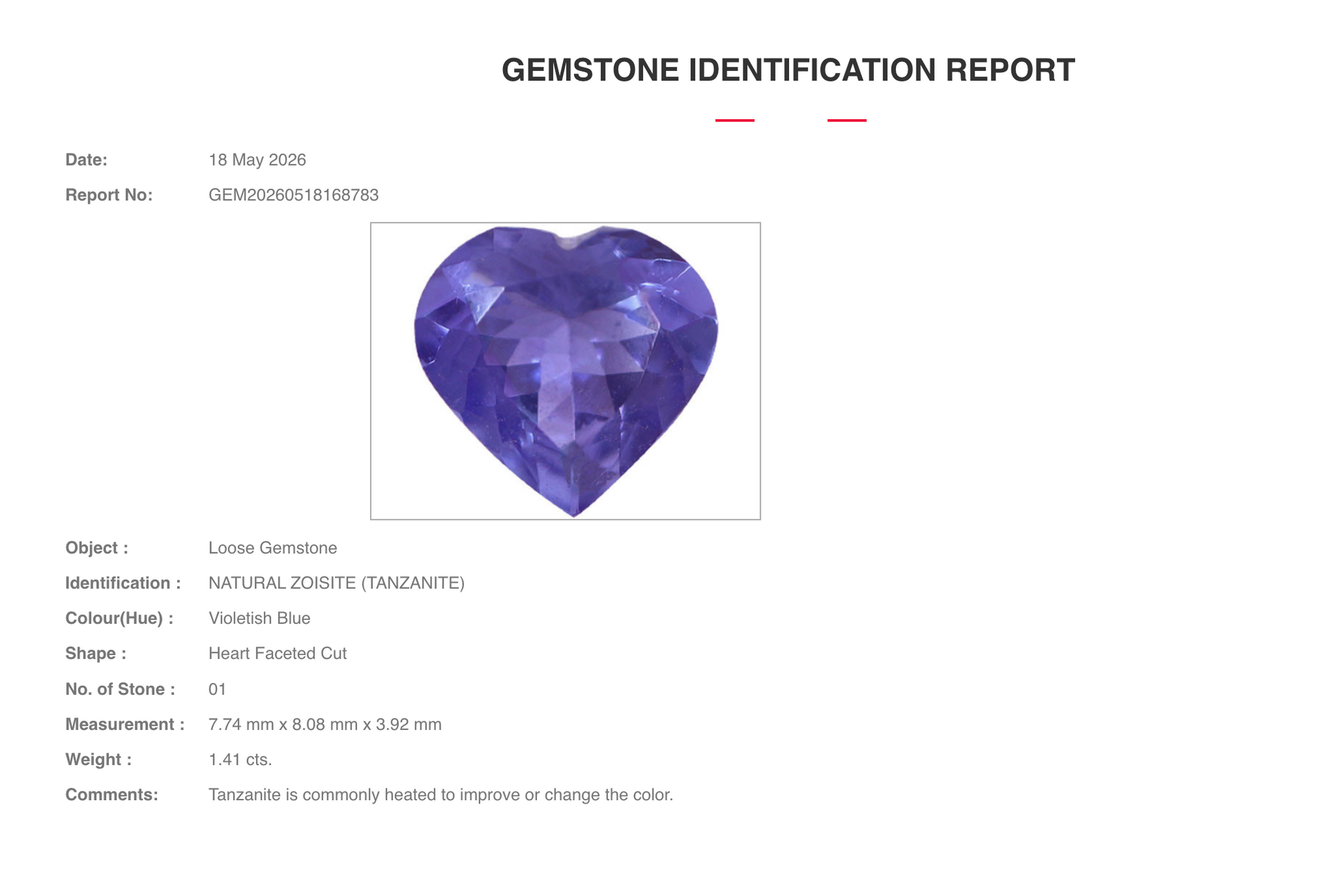 1.41 ct Natural Violetish Blue Tanzanite – Heart Cut – AIG Certified