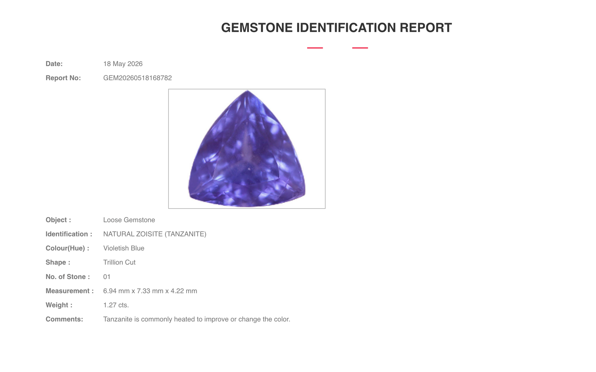 1.27 ct Natural Violetish Blue Tanzanite – Trillion Cut – AIG Certified